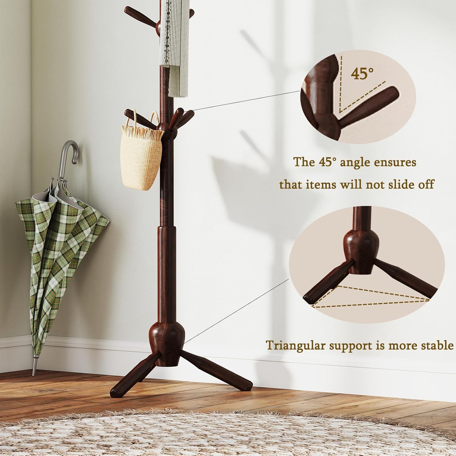 Solid Wood Coat Rack Stand, Vintage Heavy Duty Coat Hanger Stand with 9 Hooks, 3 Adjustable Size Sturdy Coat Tree for