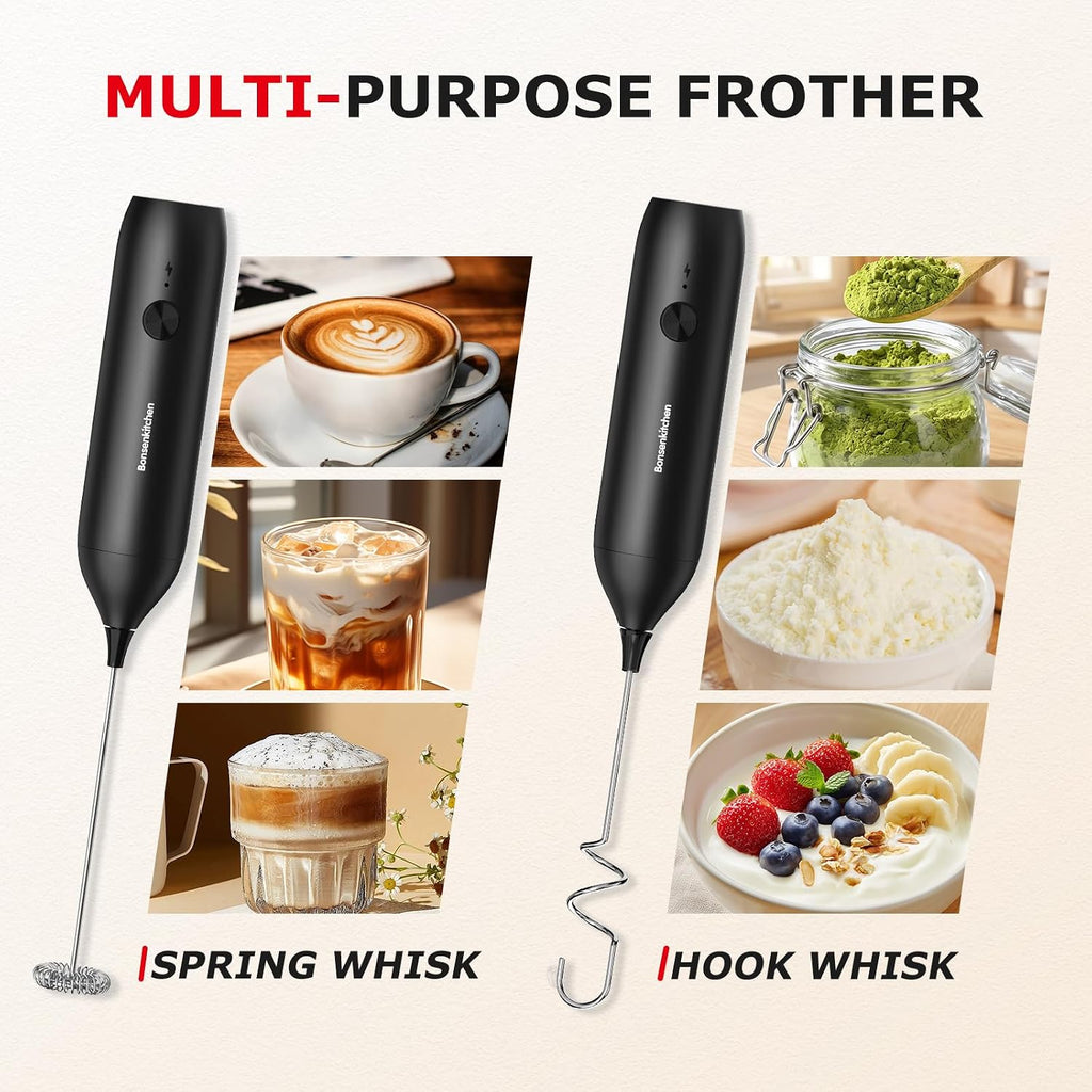 Rechargeable Milk Frother Handheld, Charging USB-C | Electric Foam Maker with Stainless Steel Whisk, Portable Hand