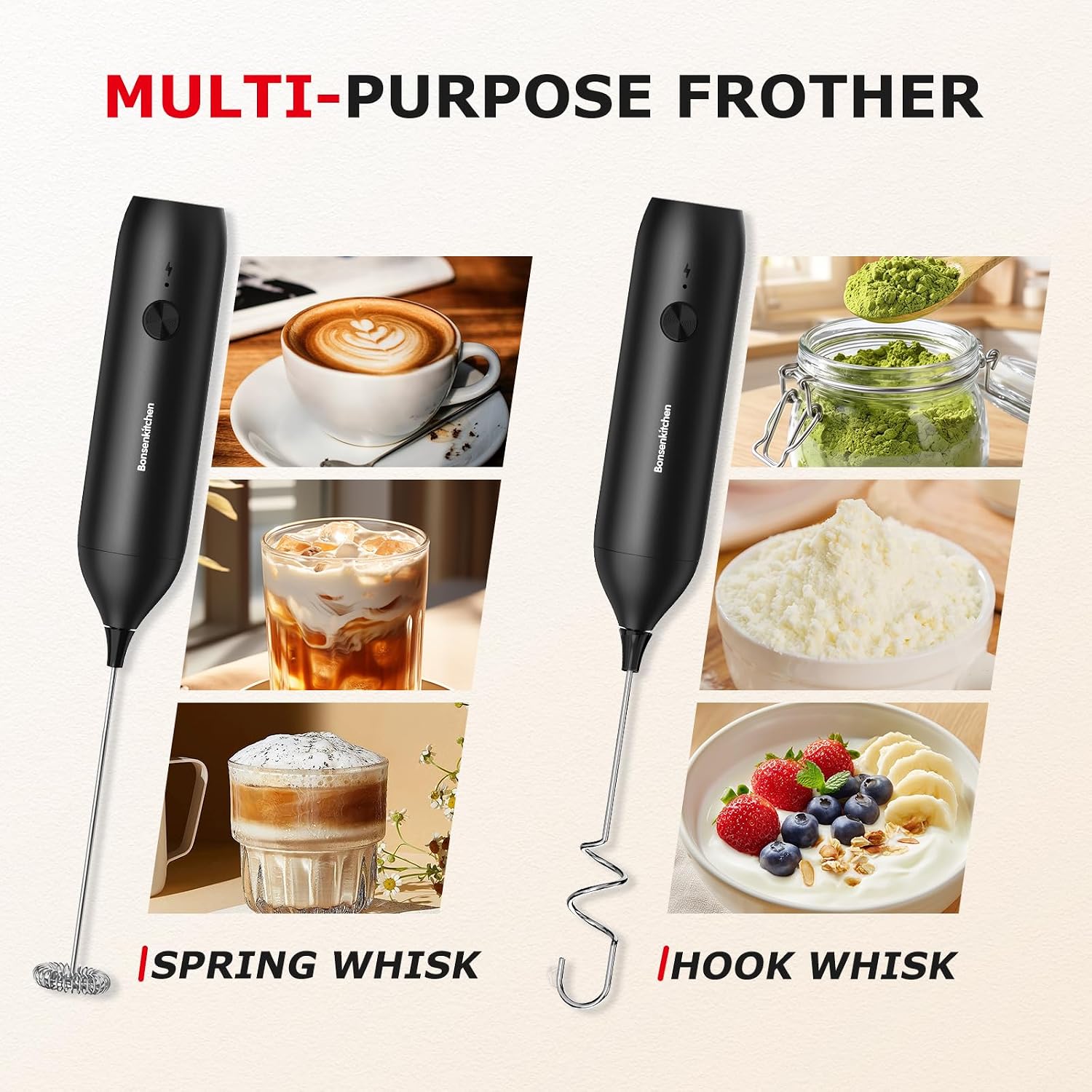 Rechargeable Milk Frother Handheld, Charging USB-C | Electric Foam Maker with Stainless Steel Whisk, Portable Hand