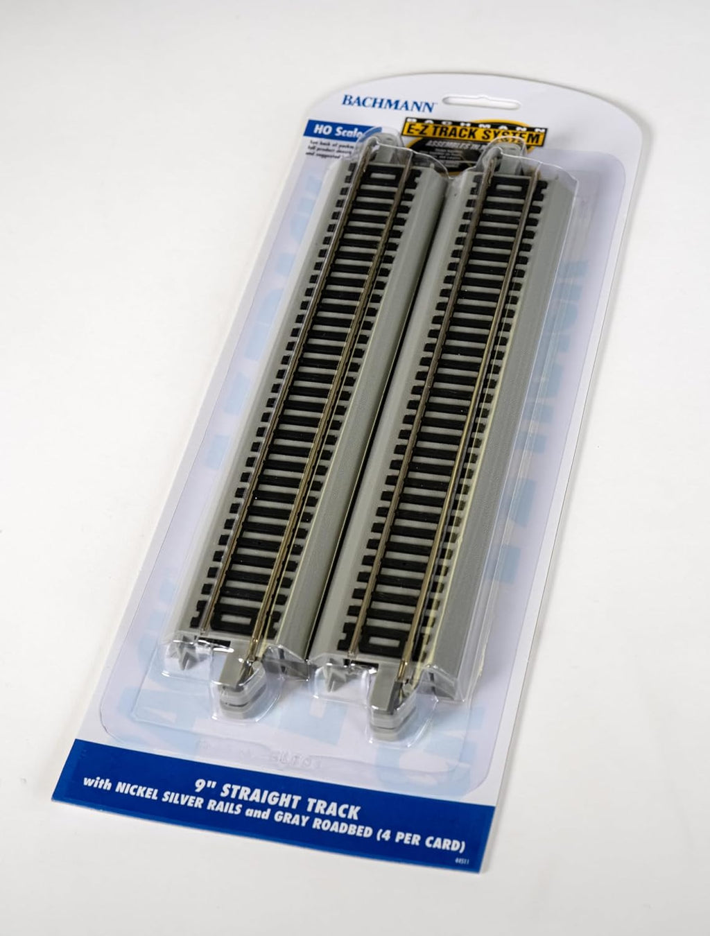 Trains 9" Straight Track 4PK NS Rail with Gray Roadbed HO Scale | Snap-Fit E-Z Track, 9” Straight Track (4/card)