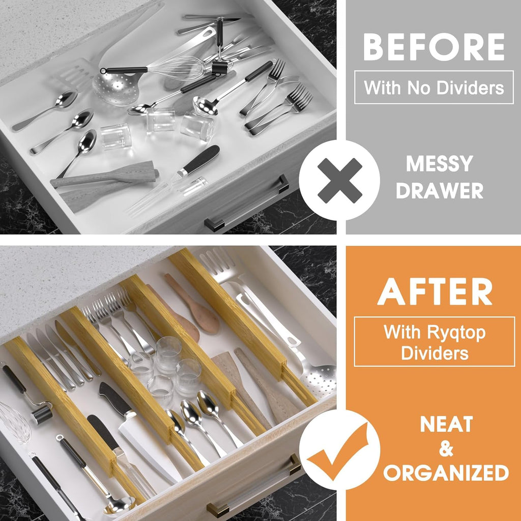 Bamboo Drawer Dividers Organizers, Kitchen Drawer Organizer, Adjustable Drawer Divider for Clothes, Kitchen, Dresser