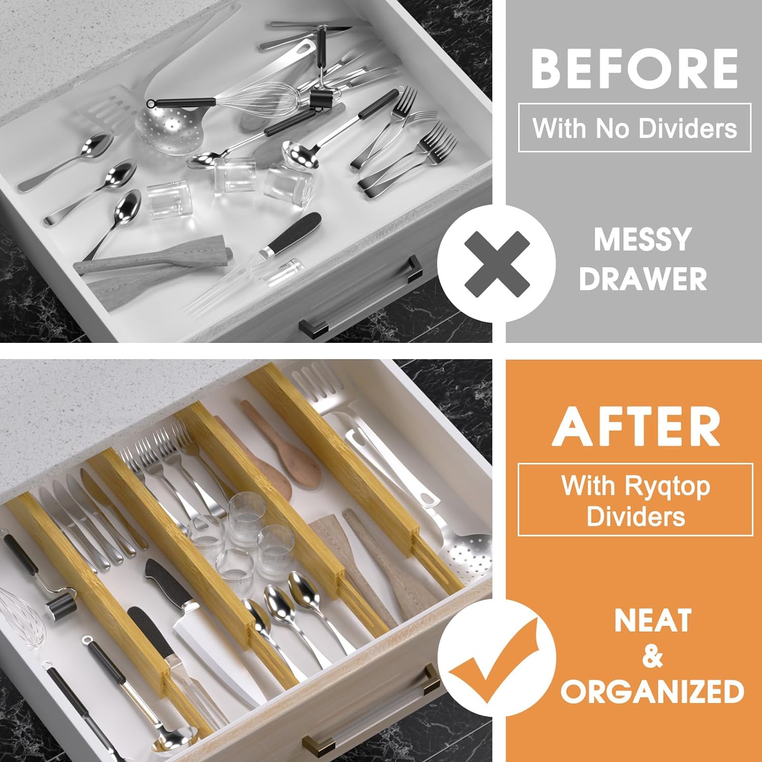 Bamboo Drawer Dividers Organizers, Kitchen Drawer Organizer, Adjustable Drawer Divider for Clothes, Kitchen, Dresser