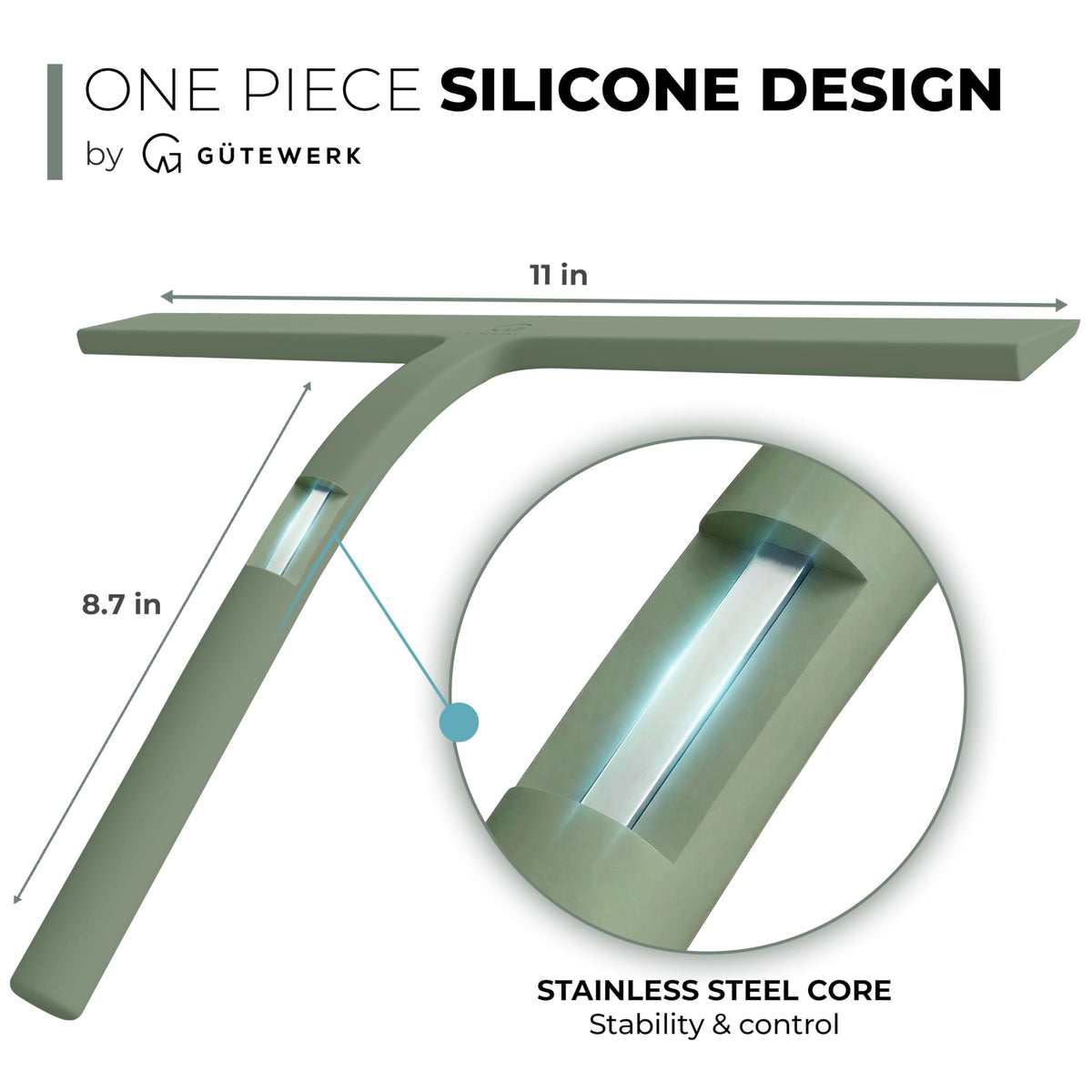 Silicone Shower Squeegee with 3-in-1 No-Drill Mount, Green, 11''
