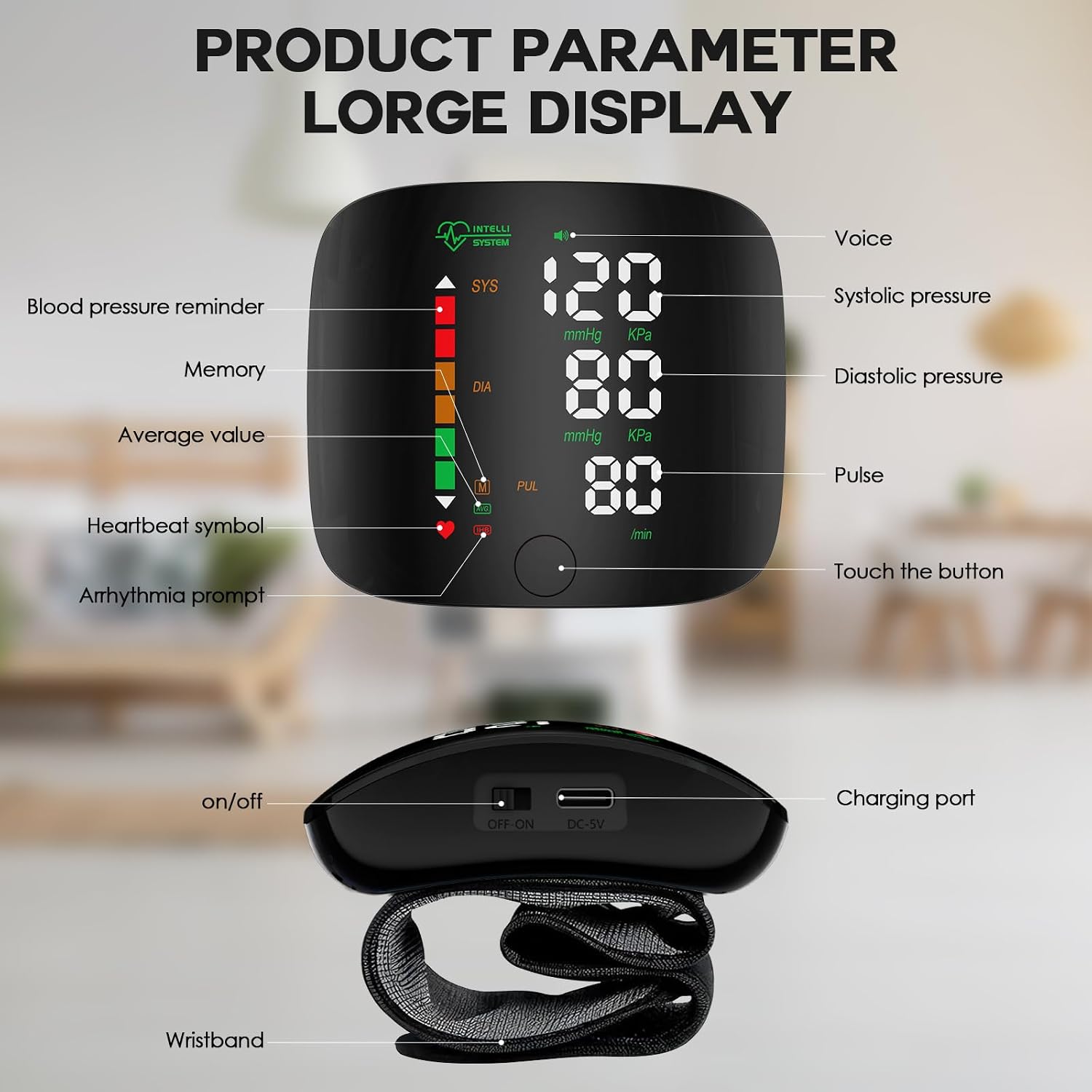 Wrist Blood Pressure Monitor Led Display Black