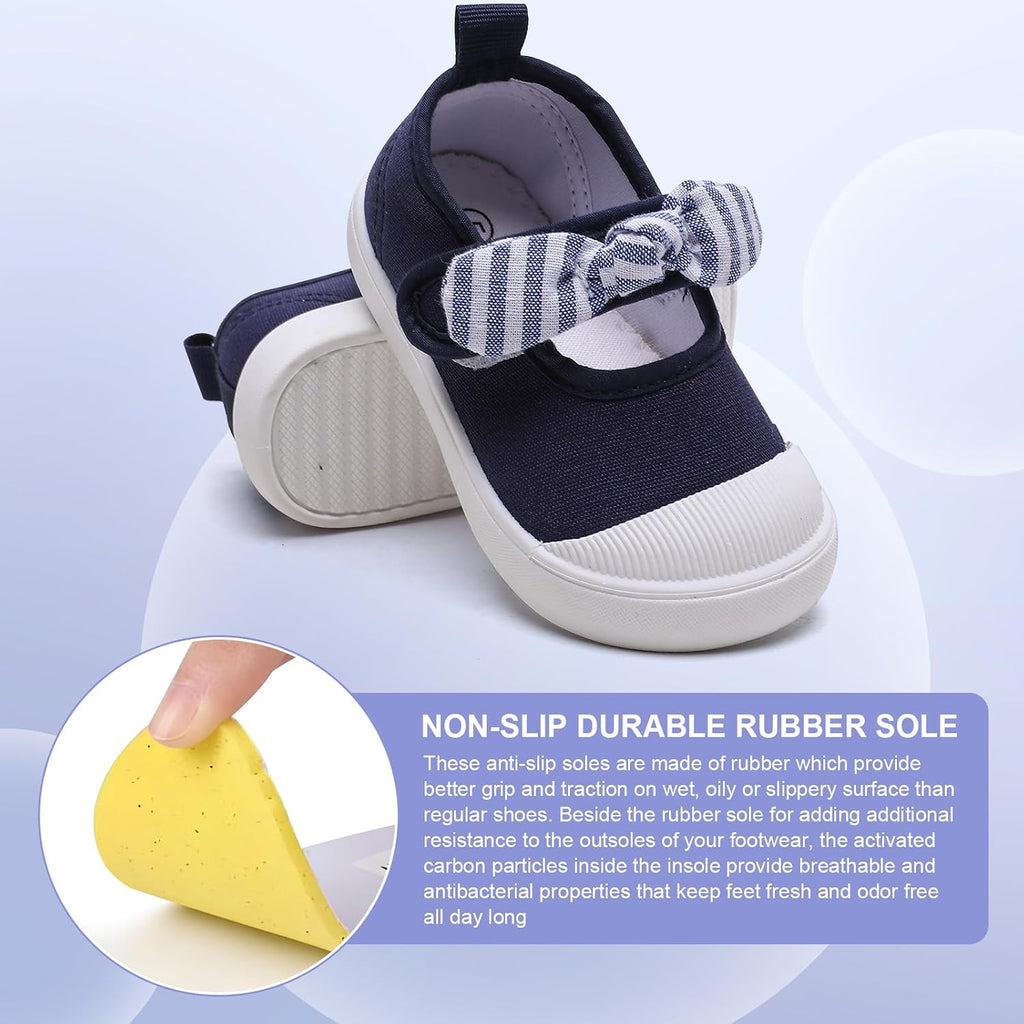Toddler Girls Canvas Sneakers Bowknot Mary Jane Flats | Breathable and lightweight.Hook&loop closure for easy