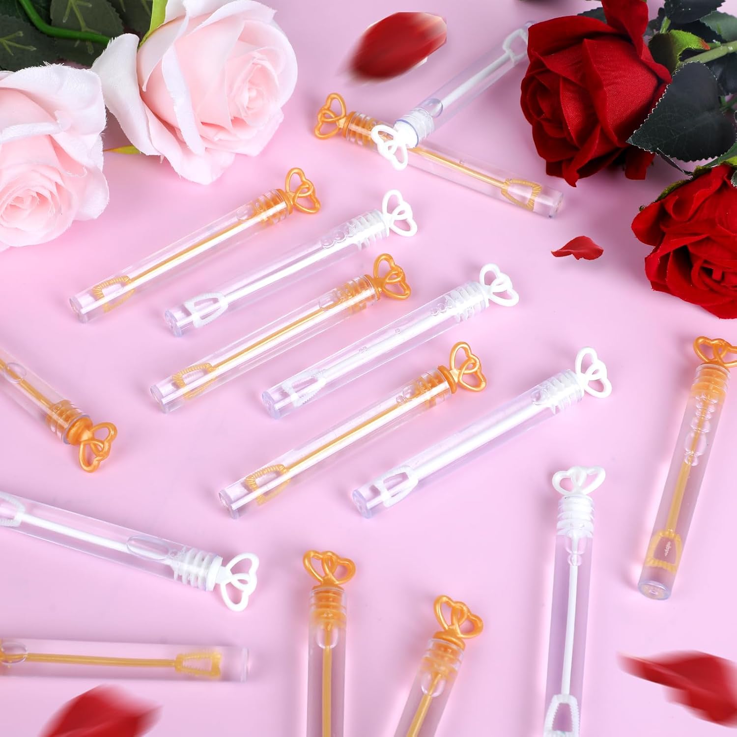 40PCS Wedding Bubble Wands Bulk, Mini Heart Bubbles Party Favor White Gold Bubble Sticks for Valentine's Day