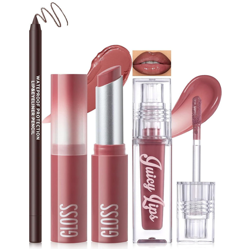 3PCS Lip Combo Set, Brown Matte Lip Liner + Hydrating Tinted Lip Balm + Plum Cherry Juicy Lip Gloss Tint, High-Shine