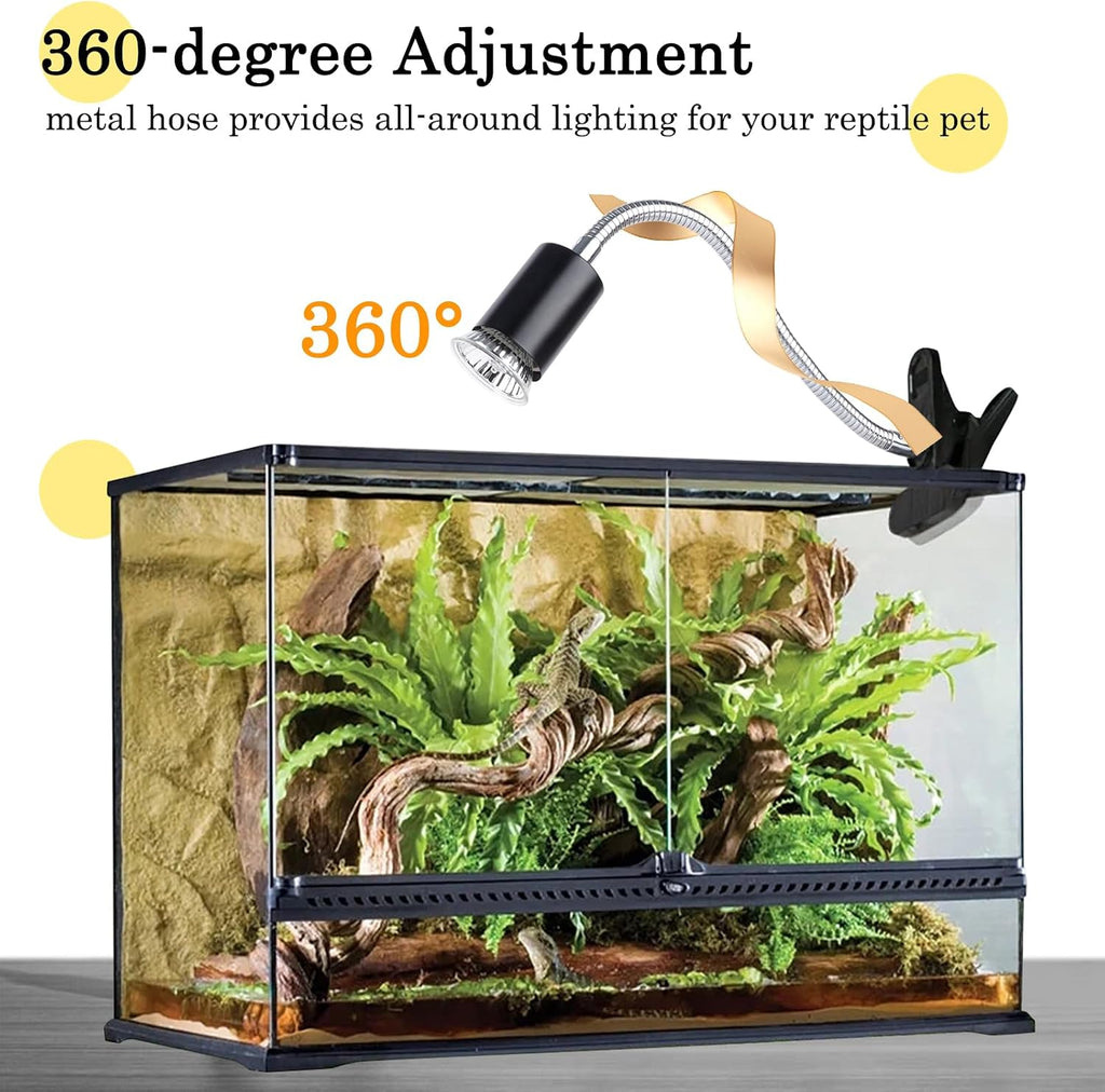 Reptile Heat Lamp with Clamp, Aquarium Turtle Tank Basking Light with 360° Rotatable Timing & Dimming and 2 Pack 50W