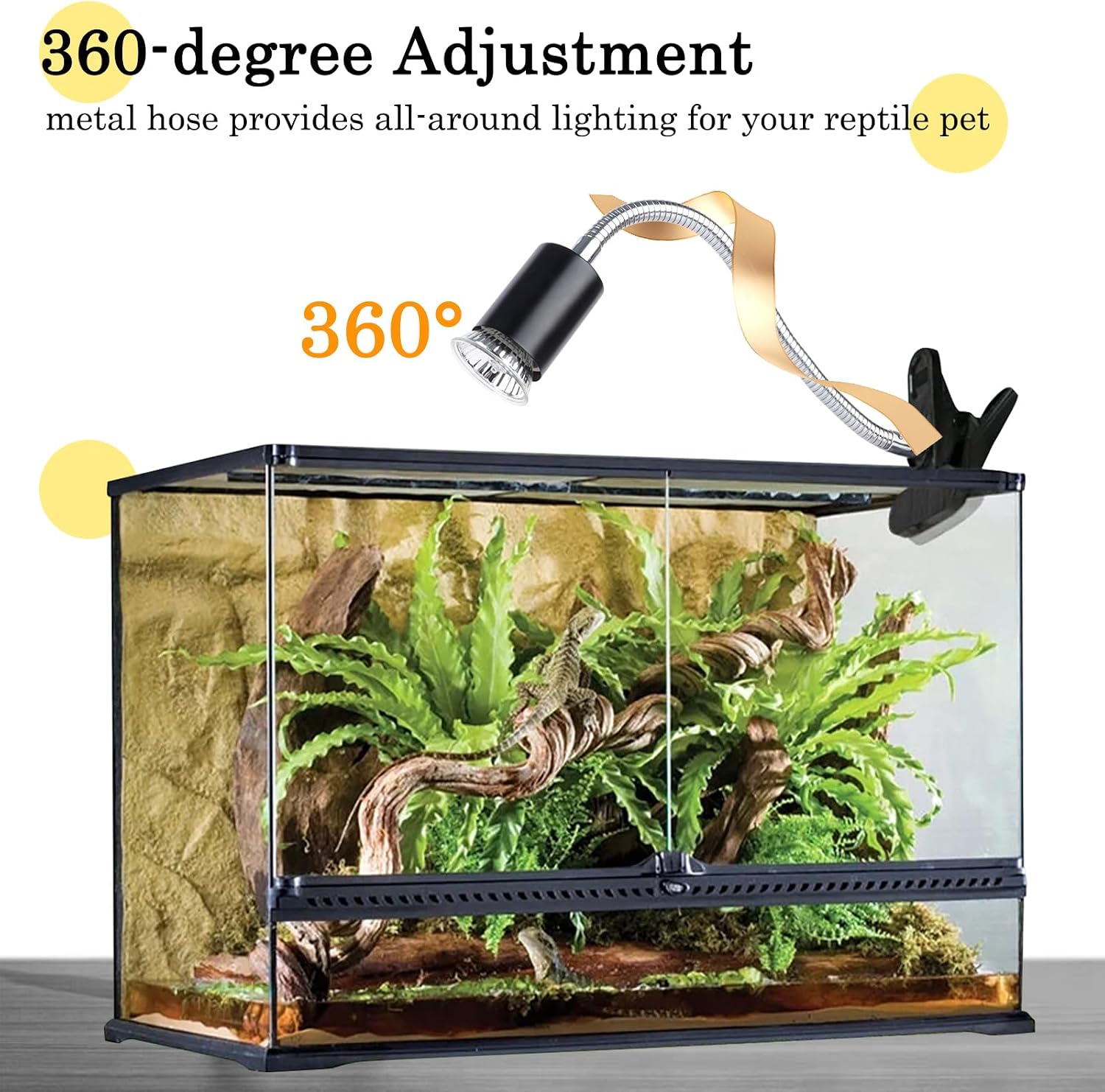 Reptile Heat Lamp with Clamp, Aquarium Turtle Tank Basking Light with 360° Rotatable Timing & Dimming and 2 Pack 50W