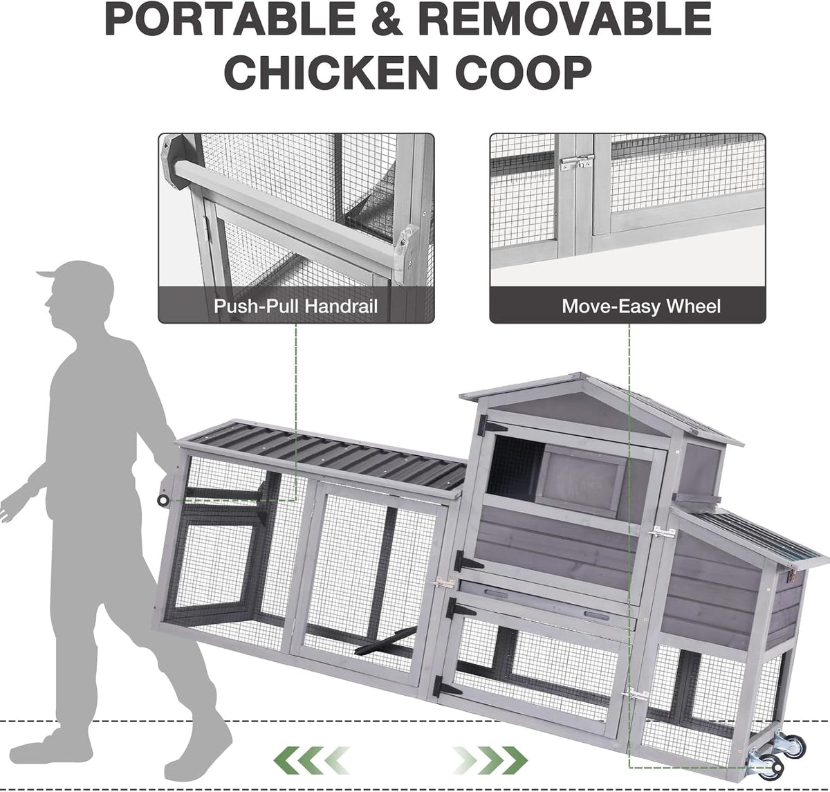Chicken Coop with Wheels, Portable Chicken Tractor & Large Chicken House with Run, Nesting Box, Waterproof Roof &