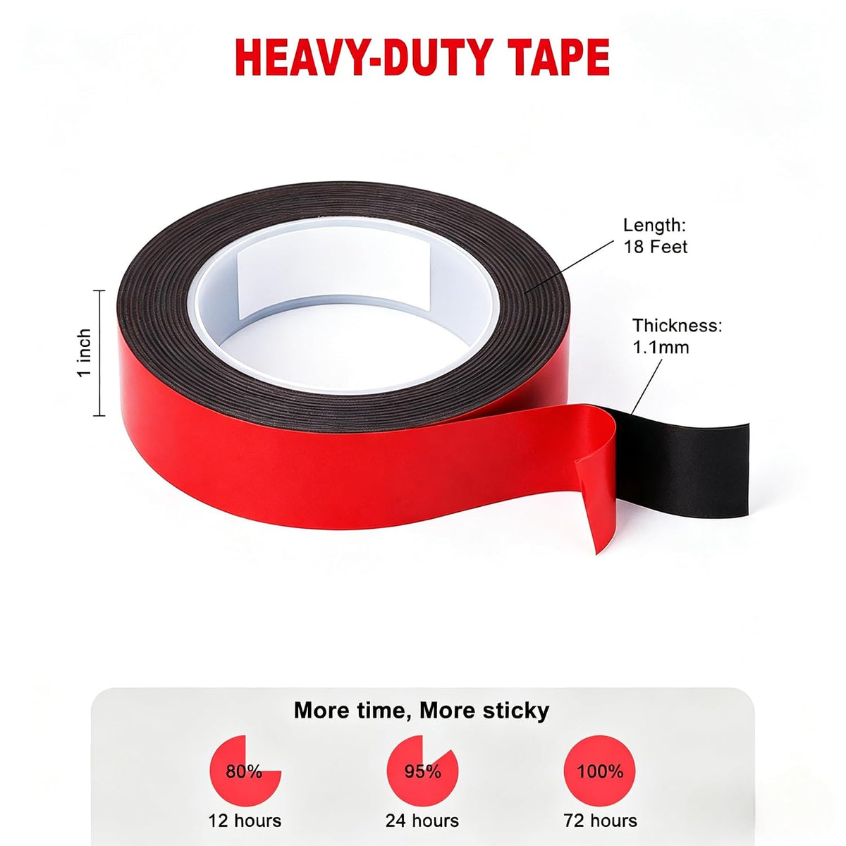 Double Sided Heavy Duty Mounting Tape, Black 1in x 18 ft 1.1 mm Thick