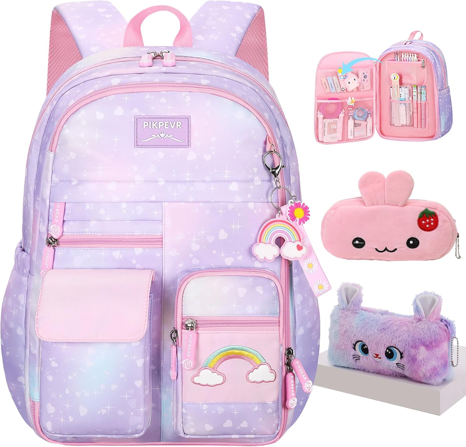 Rainbow Backpack For Girls Kids,Cute Student School Backpack With Pen Bag,Aesthetic Starry Rainbow Laptop Travel Bag