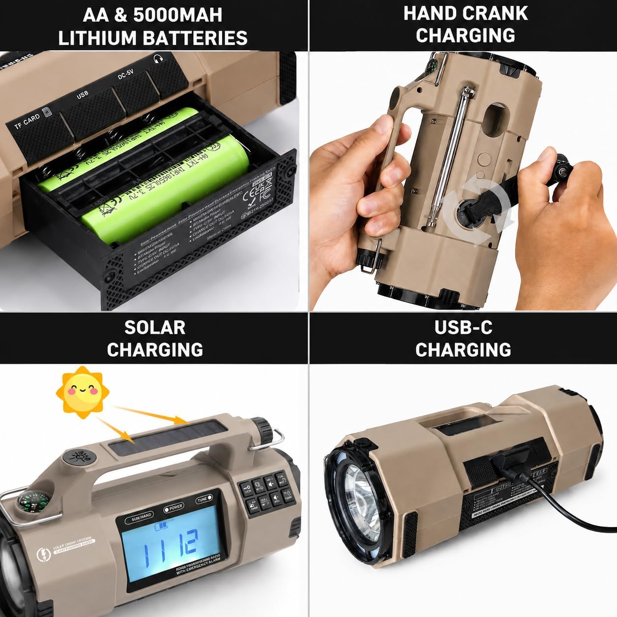 NOAA Weather Radio Emergency Radio with Hand Crank & Solar Charging | AM FM SW Weather Alert 5000mAh Battery, Phone