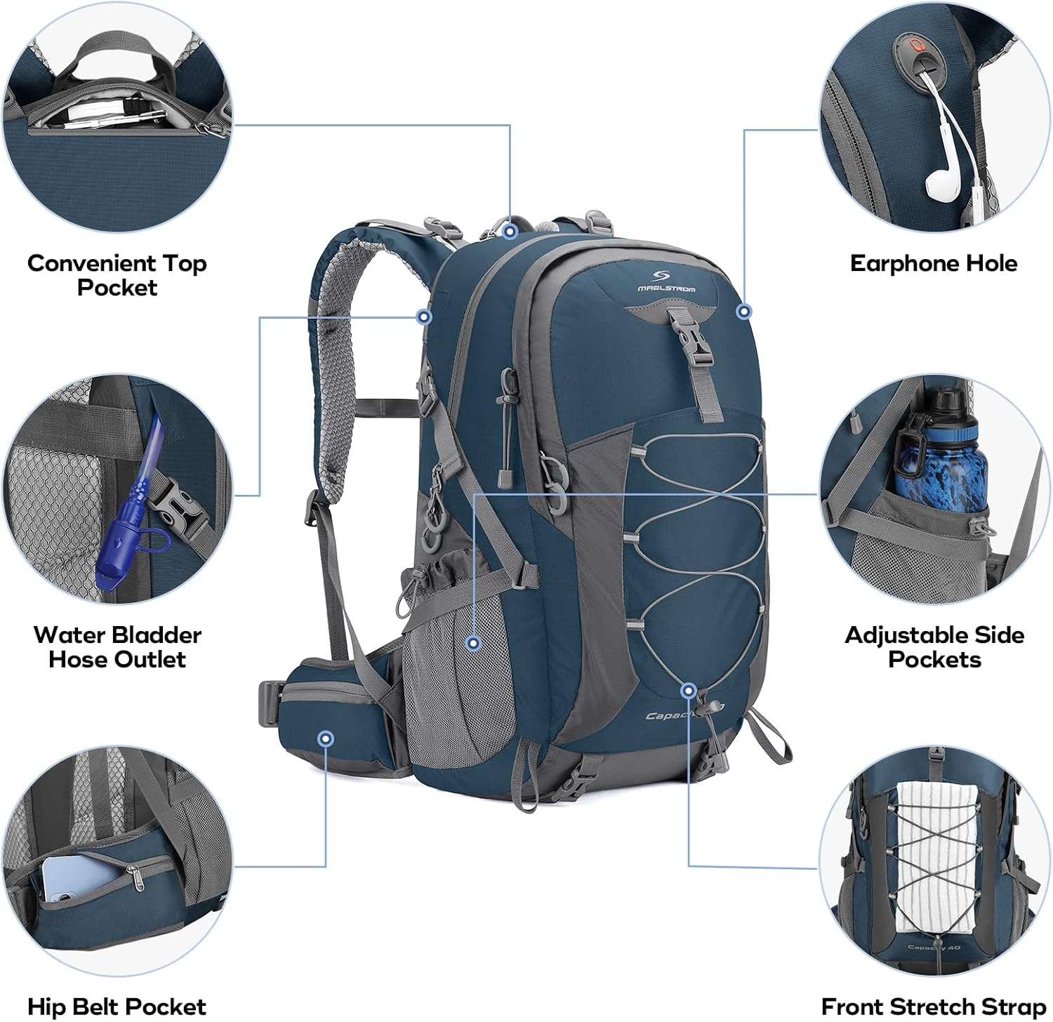 40L Hiking Backpack, Lightweight Camping Daypack with Rain Cover | Water-Resistant Rip-Stop Nylon, Wet/Dry
