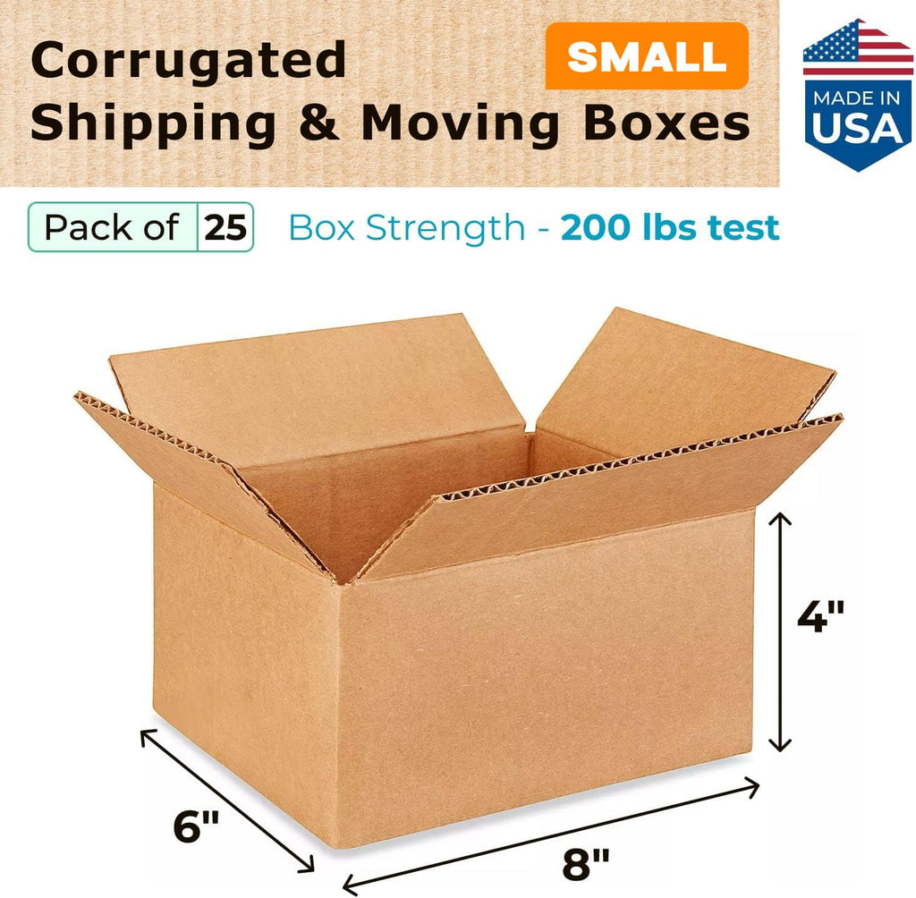 Small Moving & Shipping Boxes 8"L x 6"W x 4"H (25-Pack) - Extra Strength 200 lb vs Regular - Corrugated Boxes for