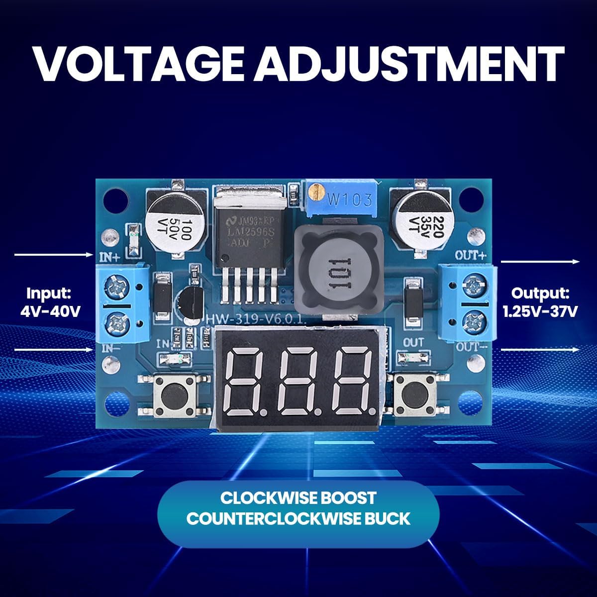 LM2596 Adjustable DC-DC Step-Down Buck Converter Module with LED Voltmeter Display, Voltage Regulator 4.0-40V Input to 1.25-37V Output Power Supply Module (Pack of 2)