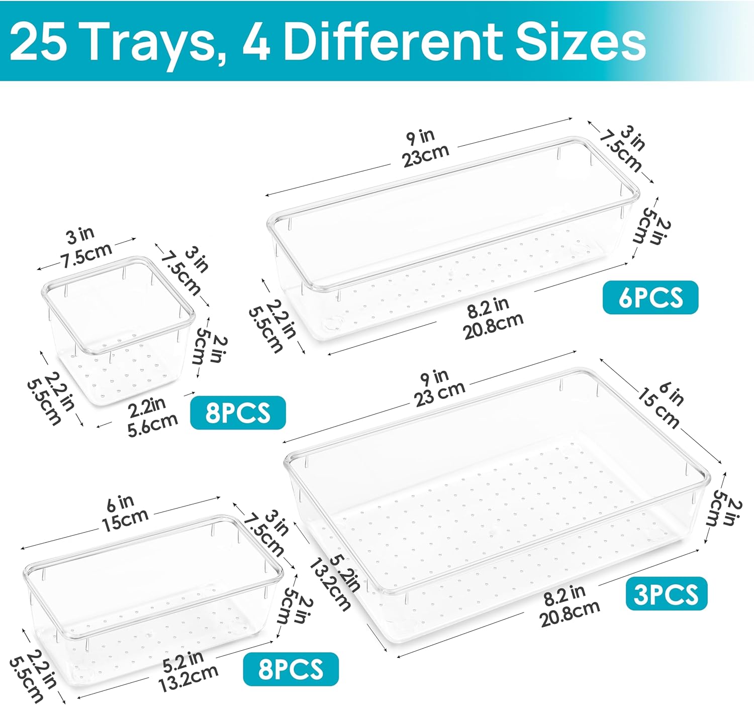 25 PCS Clear Plastic Drawer Organizers Set, 4-Size Versatile Bathroom and Vanity Drawer Organizer Trays, Storage Bins