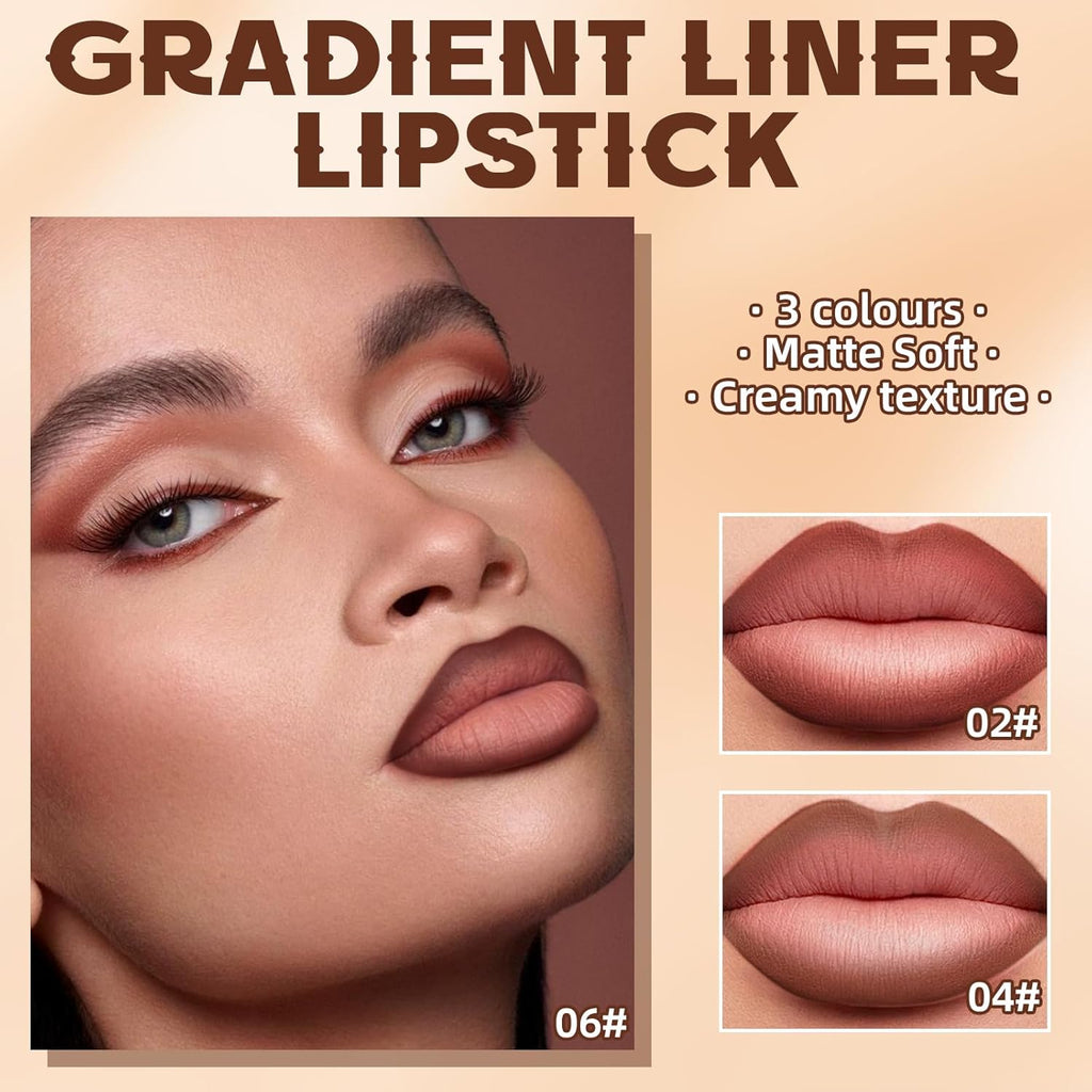 3 Colors 2 in 1 Lip Liner Set, Matte Nude Dark Brown Red Lip Liner Lipstick Plumping Smooth Creamy Lip Combo, High