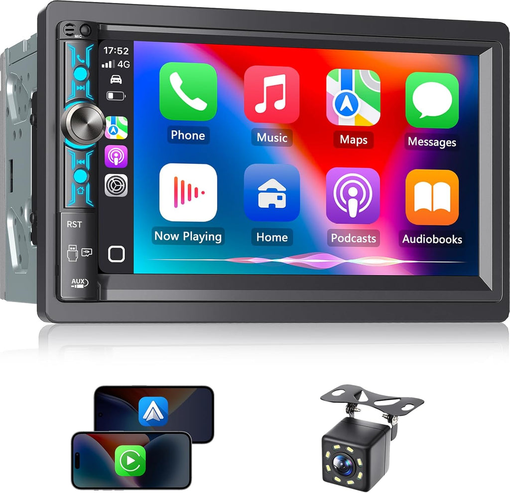 7" Double Din Car Stereo with Wireless Apple Carplay & Android Auto, Bluetooth, 240W, SWC, Subwoofer Out, Mirror