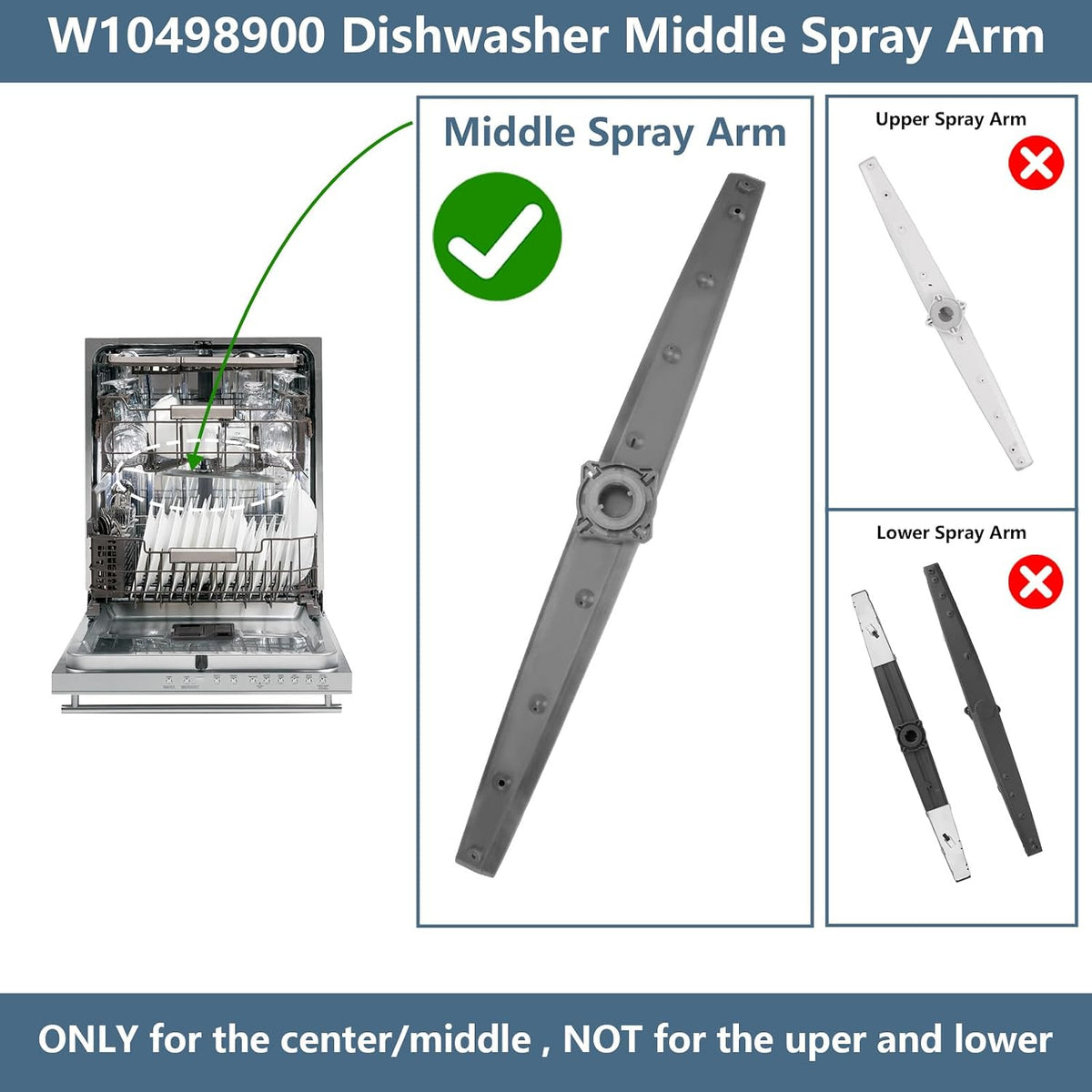 WPW10498900 Dishwasher Middle Center Spray Arm Fit for Whirlpool Amana