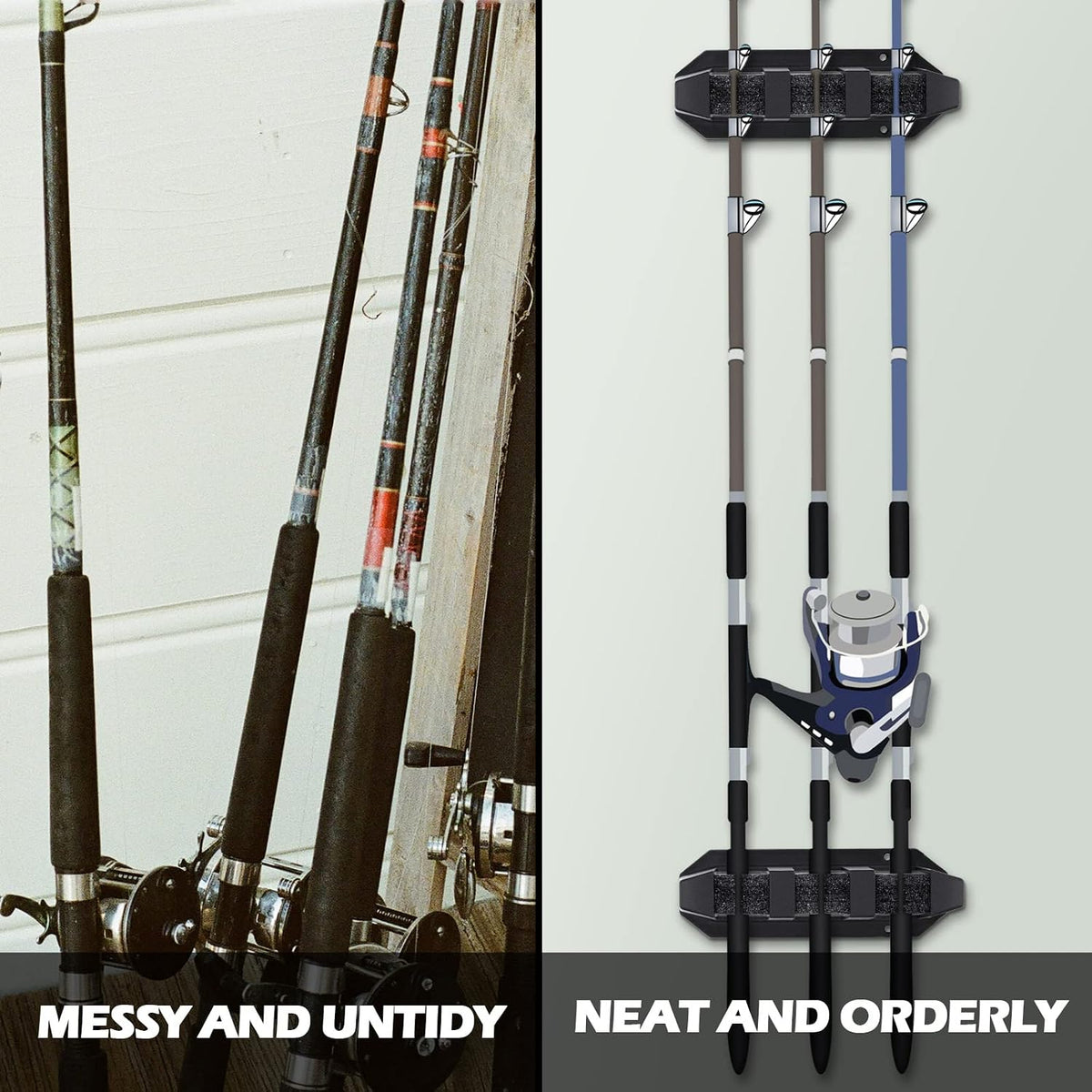 2 Pcs Fishing Rod Holder Wall Mount Fishing Pole Holders for Boats 3 Rod Black Horizontal Garage Wall Pole Rack