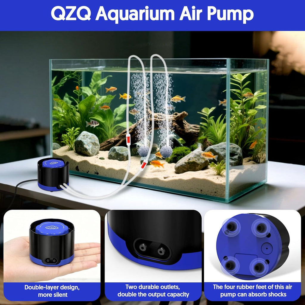 Aquarium Air Pump, Quiet Fish Tank Air Pump with Dual Outlets, Powerful Adjustable Oxygen Pump with Accessories
