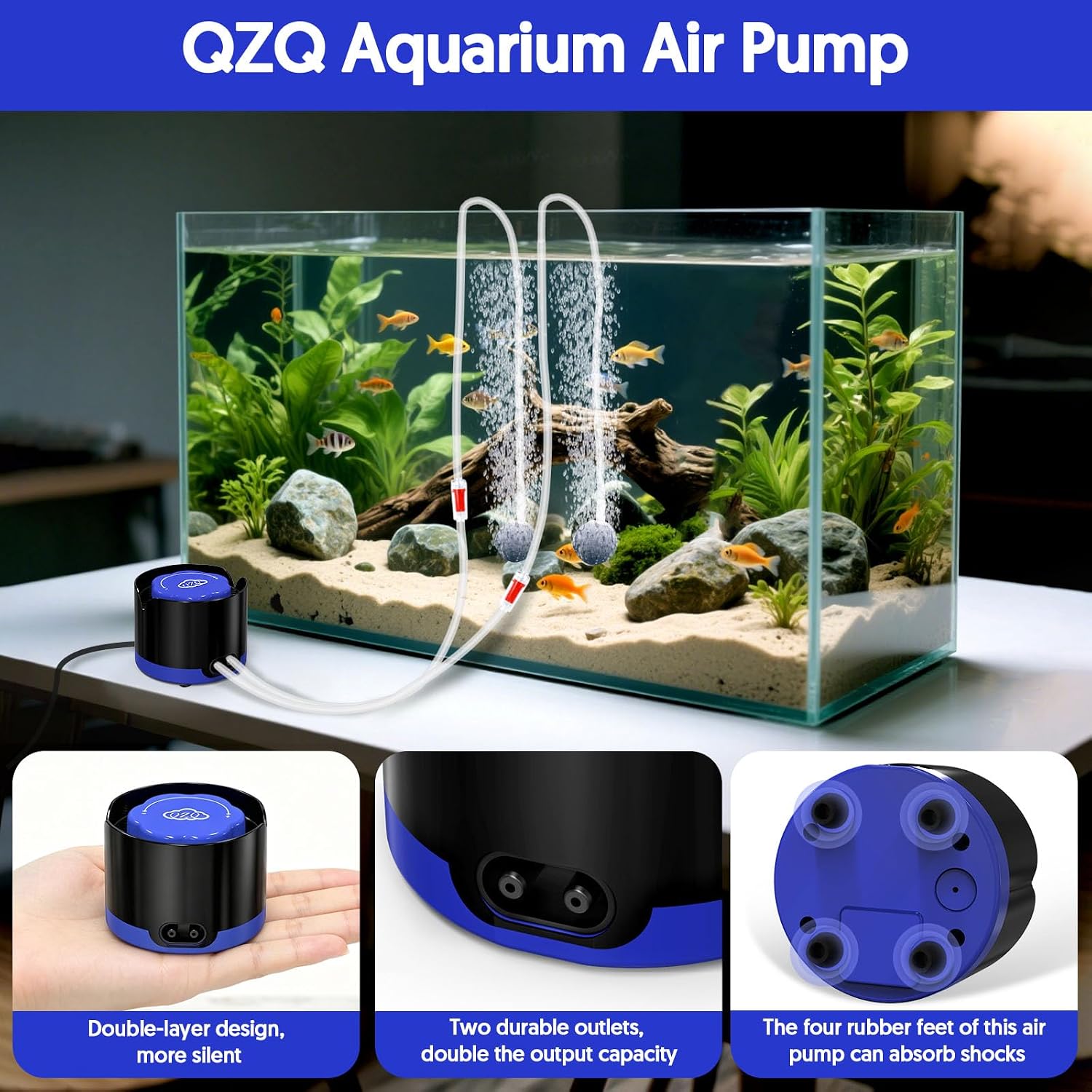 Aquarium Air Pump, Quiet Fish Tank Air Pump with Dual Outlets, Powerful Adjustable Oxygen Pump with Accessories