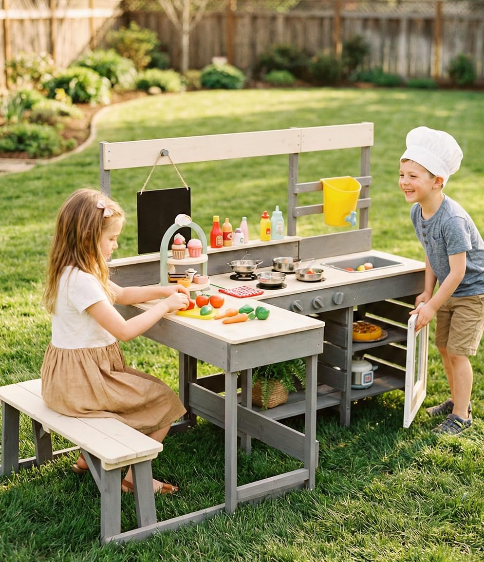 Mud Kitchen, Outdoor Play Kitchen with Faucet Chalkboard Stoves Removable Sink Cooking Accessories Wooden Kids