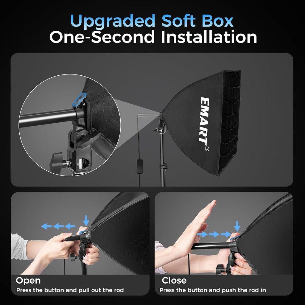 Softbox Lighting Kit with Grid, 50W 16"x16" Soft Box for Photography | Pull Softbox, 3000K-6000K LED Bulb with