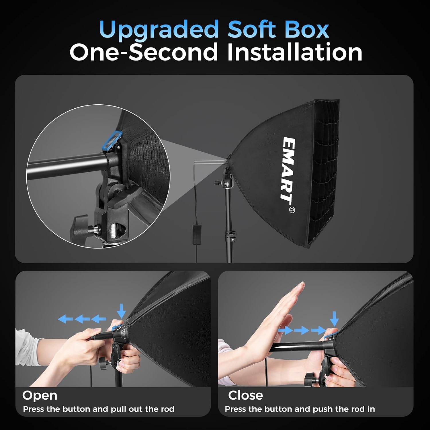 Softbox Lighting Kit with Grid, 50W 16"x16" Soft Box for Photography | Pull Softbox, 3000K-6000K LED Bulb with
