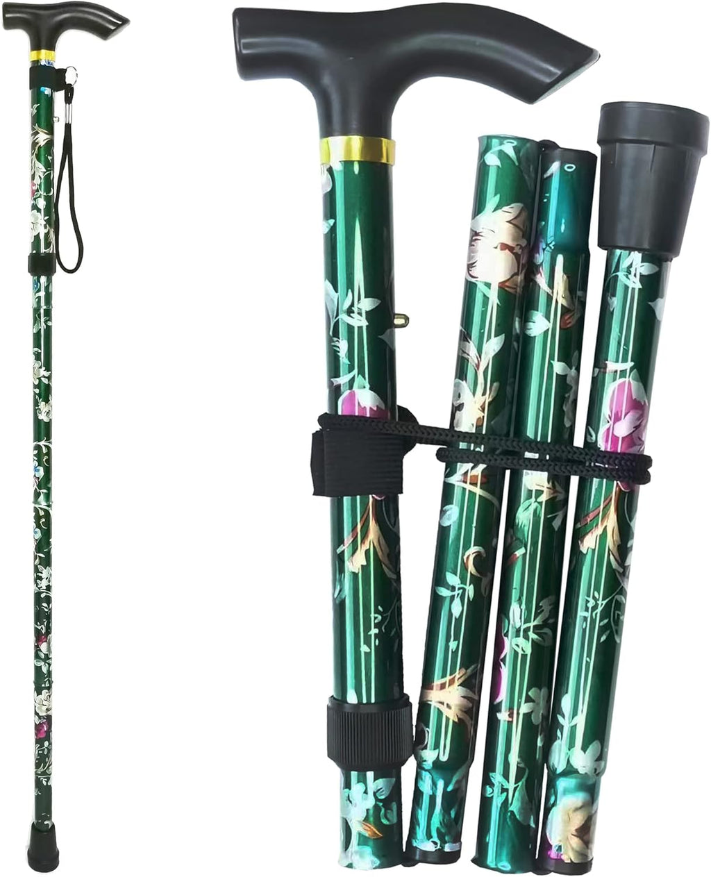 Folding Cane, 5-Level Adjustable Height Lightweight Portable Foldable Walking Canes with Wrist Strap and T Handle for