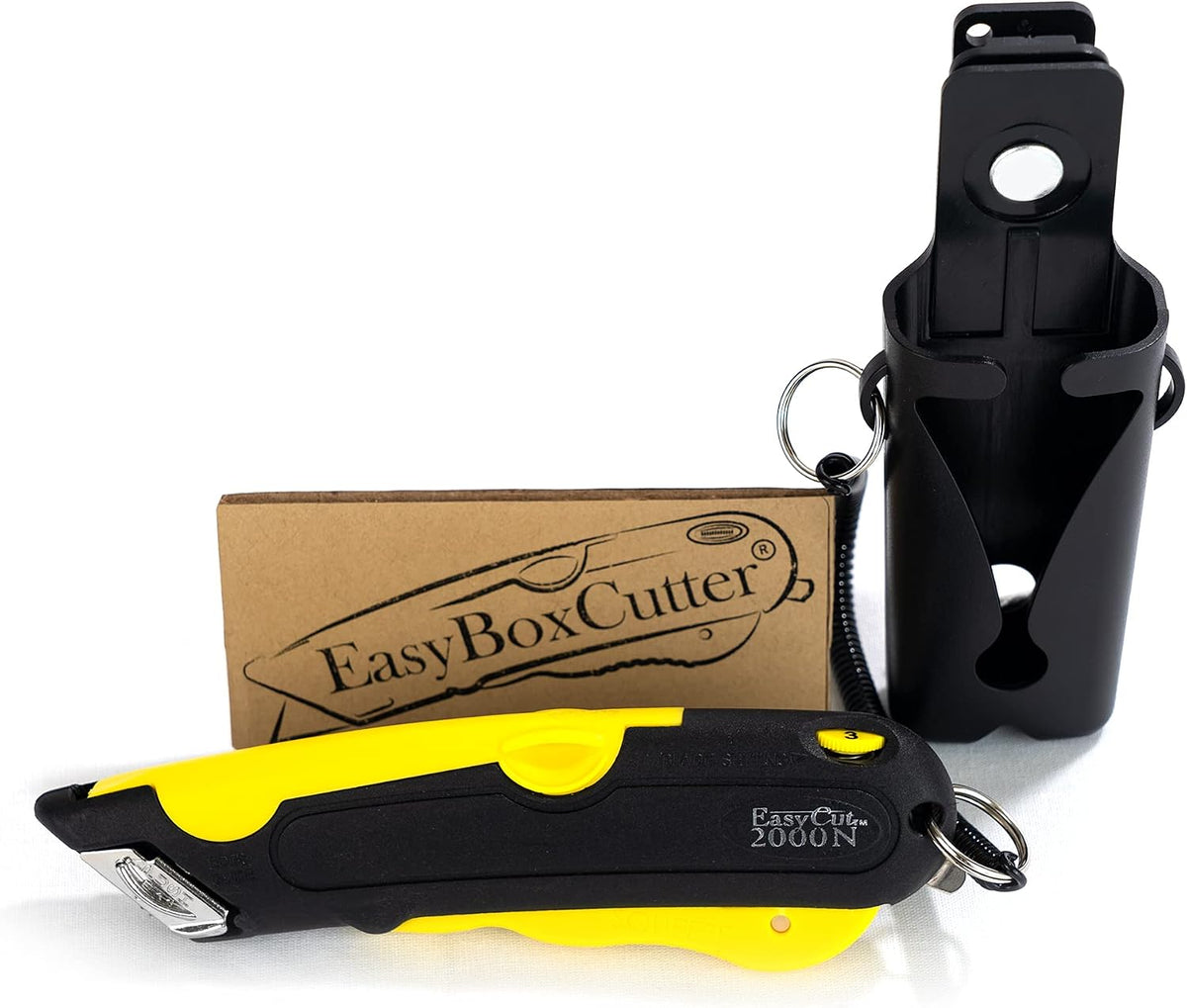 Modern Box Cutter, extra tape cutter at back, dual side edge guide, 3 blade depth setting, 2 blades and holster