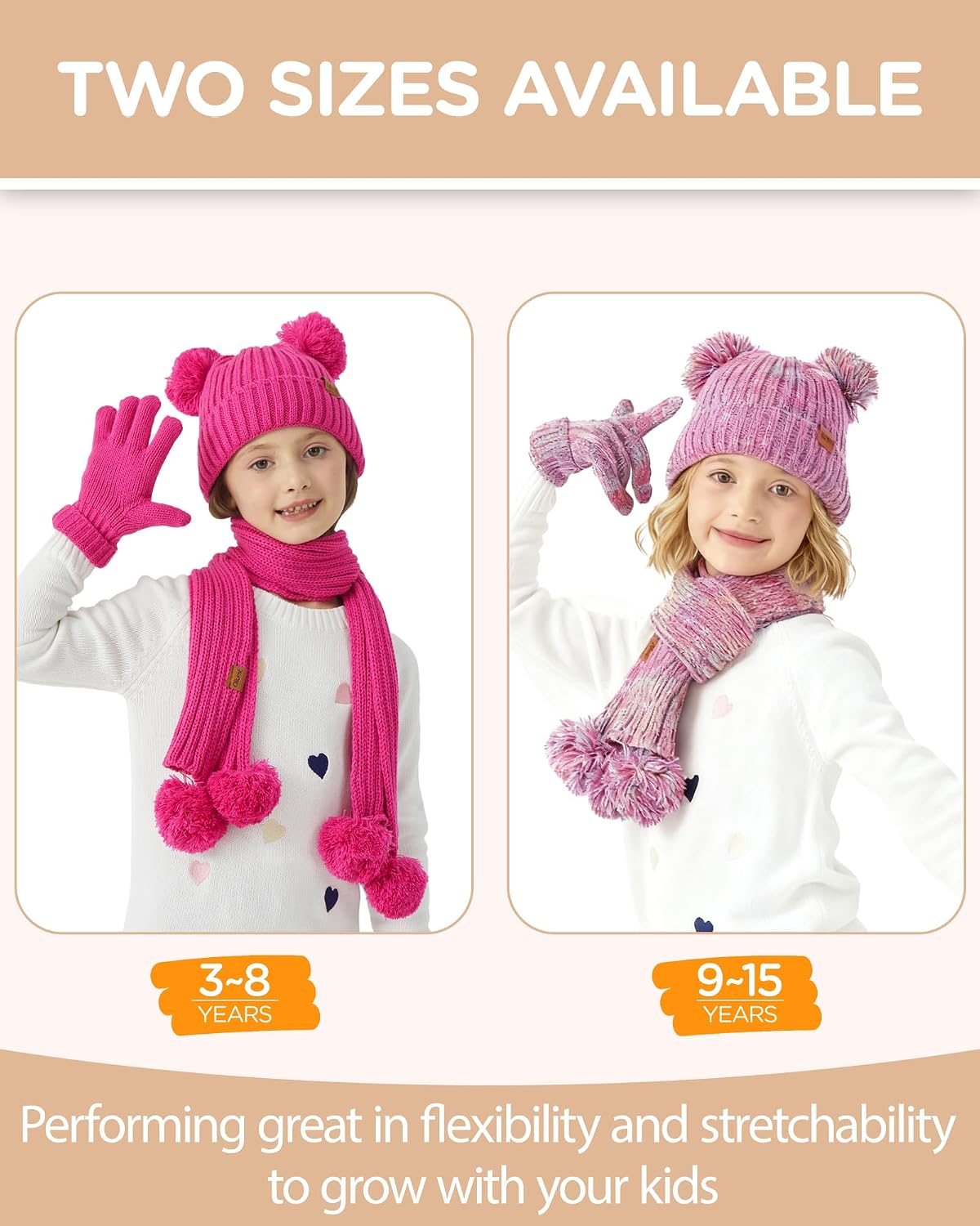 Kids Winter Hat Gloves Scarf Set, Knit Neck Warmer for Boys Girls Beanie & Mittens with 2 Sizes (2-8 & 9-15 Years)