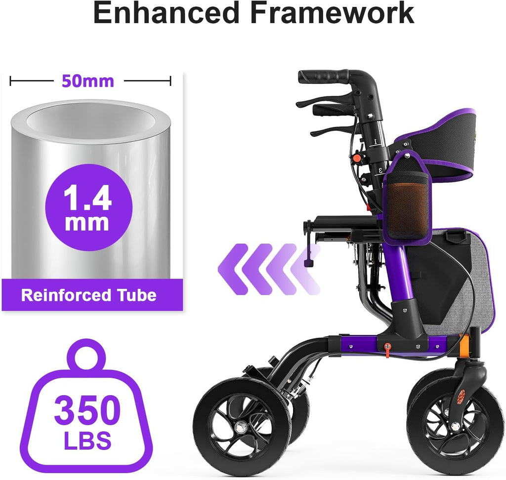 Walkers for Seniors, Rollator Walker with Seat, 350 lb Weight Capacity, 18" Big Seat, 8" All-Terrain Wheels, 6-Level