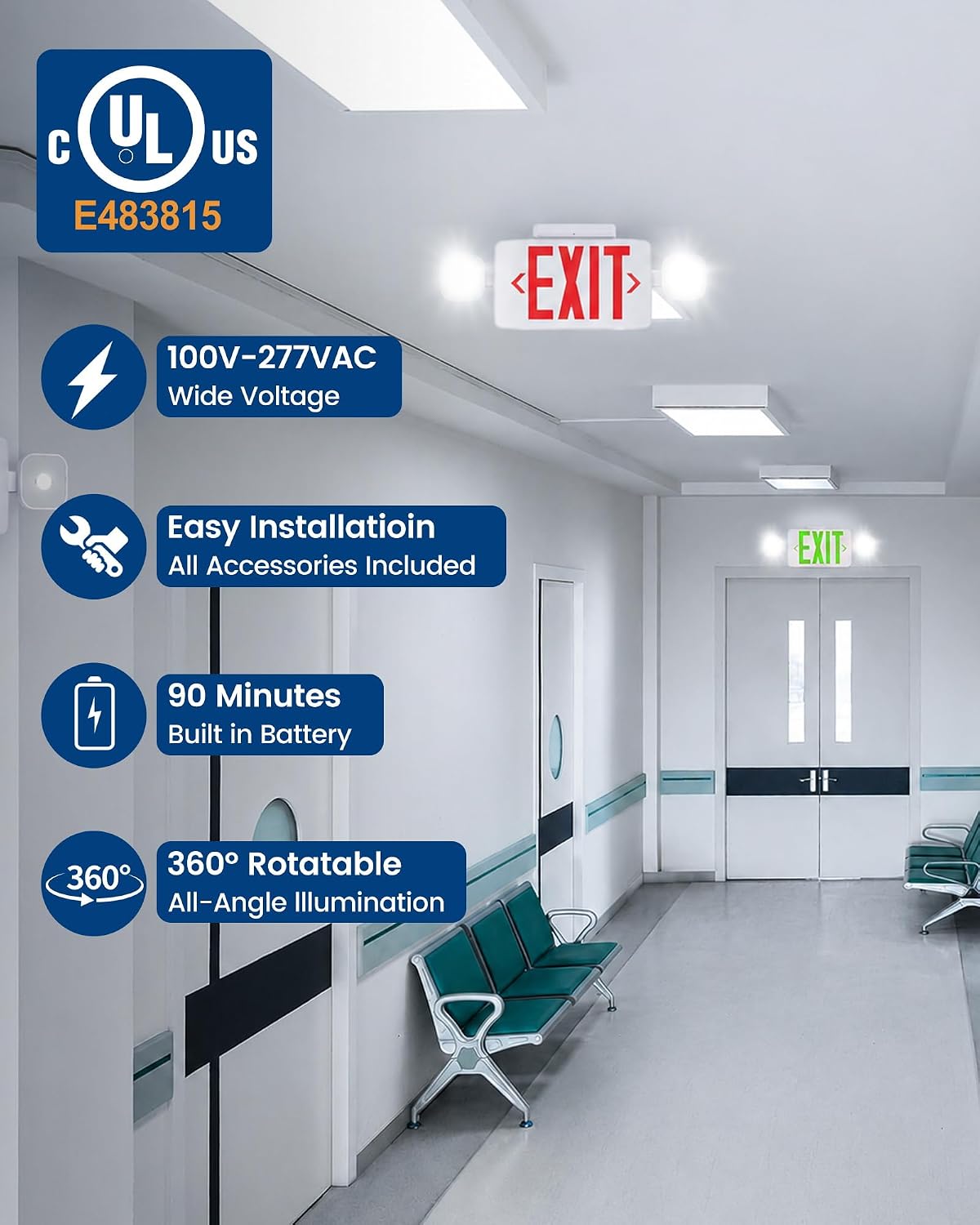 Exit Signs with LED Emergency Lights & Backup Battery, UL Listed, 2-Pack