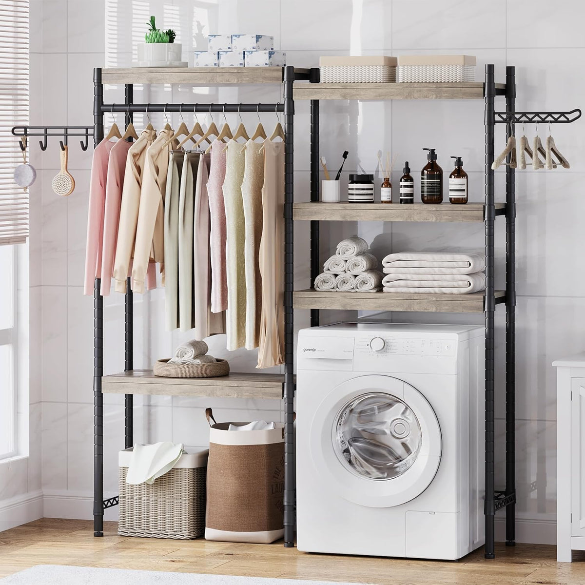 5-Tier Over-The-Washer Storage Shelf - Adjustable Height Laundry Organizer with Double-Layer Wood Shelves