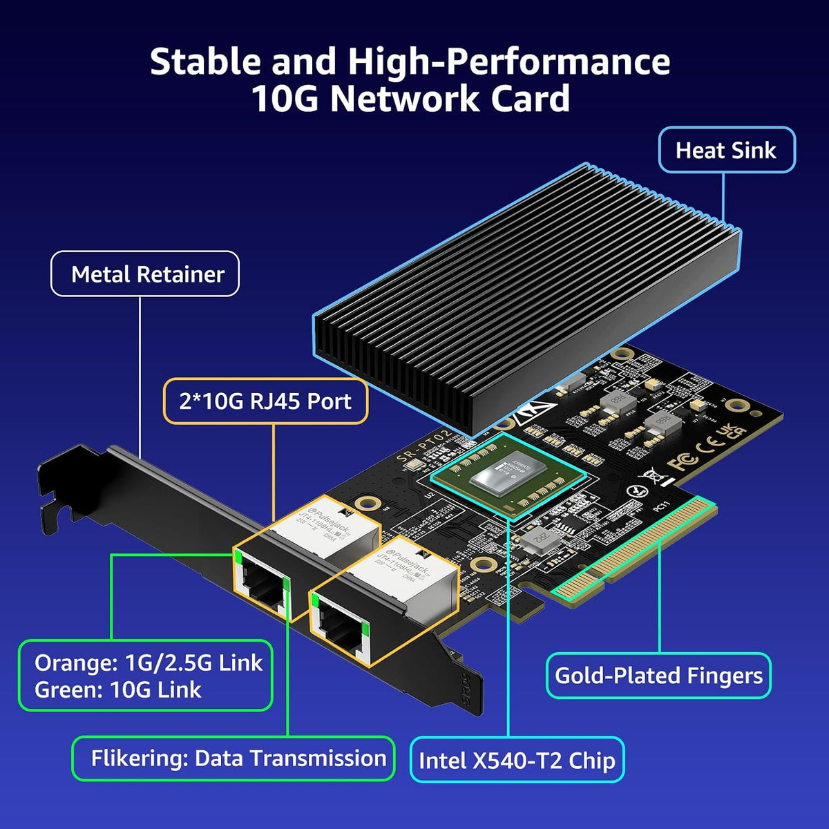VIMIN 10G PCI-E Network Card with 10Gbps Dual RJ45 Ports