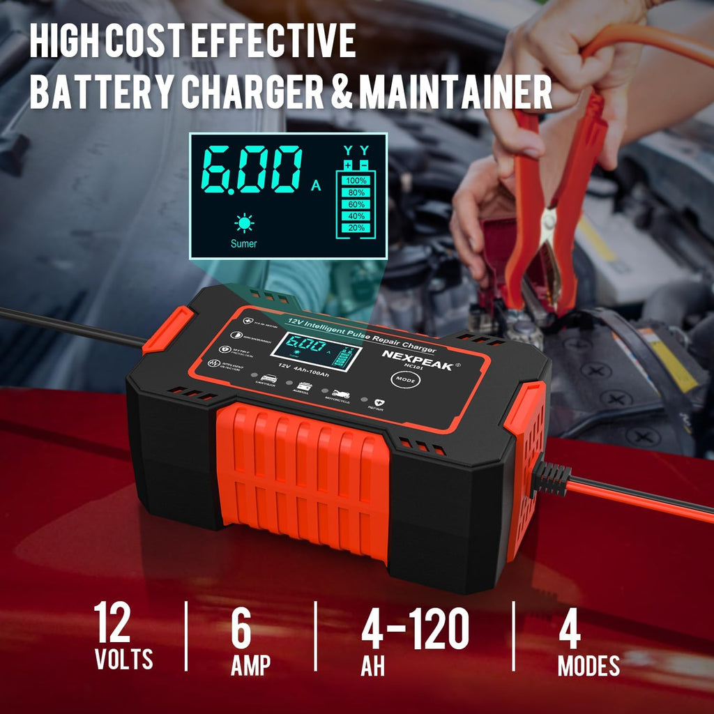 Car Battery Charger, 12V 6A Smart Battery Trickle Charger Automotive Battery Maintainer Desulfator with Temperature