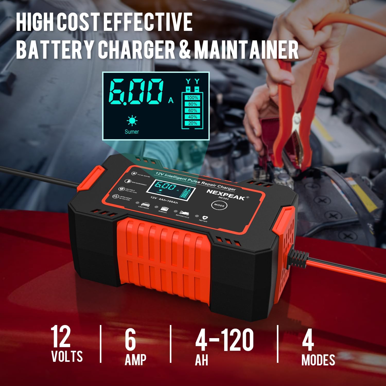Car Battery Charger, 12V 6A Smart Battery Trickle Charger Automotive Battery Maintainer Desulfator with Temperature