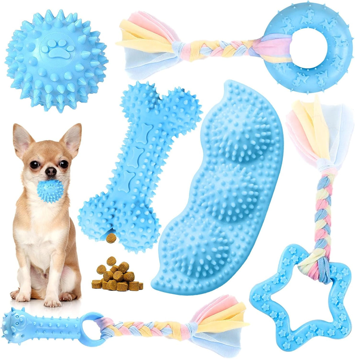 6 Pack Puppy Chew Toys - Blue, Soft Rubber Rope & Bone Ball Teething Toys for Small Dogs & Puppies, Including Yorkie