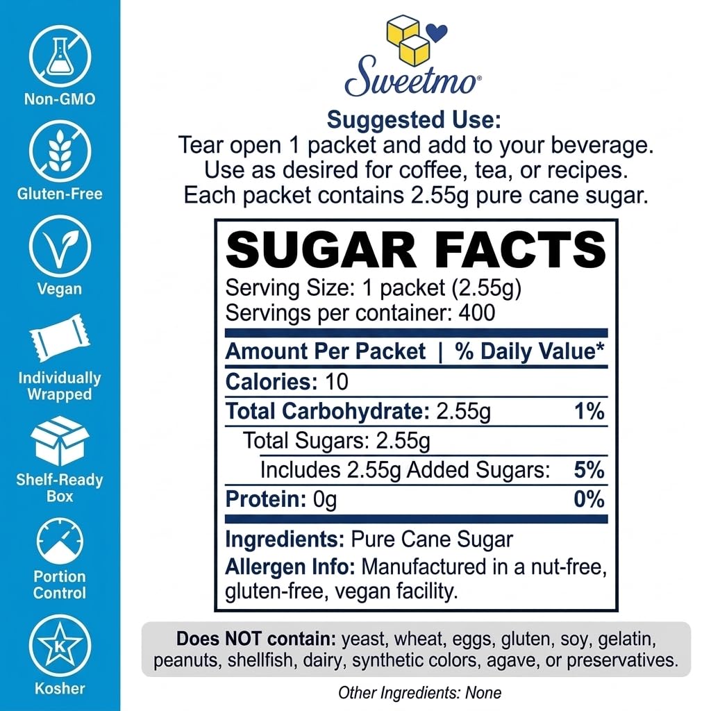 Sugar packets - 400 Count Dispenser Box, Pure Cane White Granulated Sugar Packets, Individual Wrapped, Bulk Packets