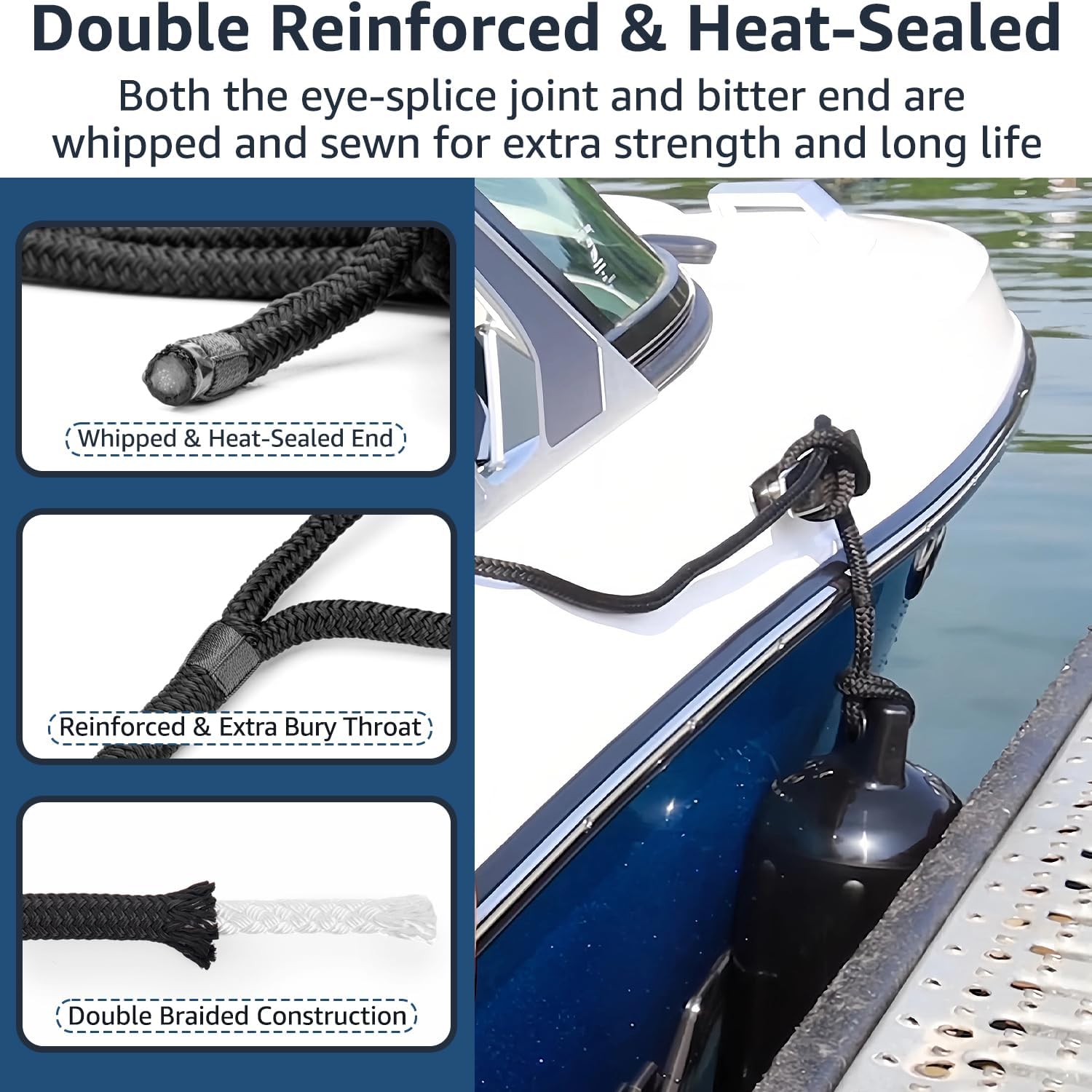1/2" x 8' Boat Fender Lines (4-Pack) - Double Braided Nylon Dock Lines for Boats - Marine Grade Fender Ropes with 10"