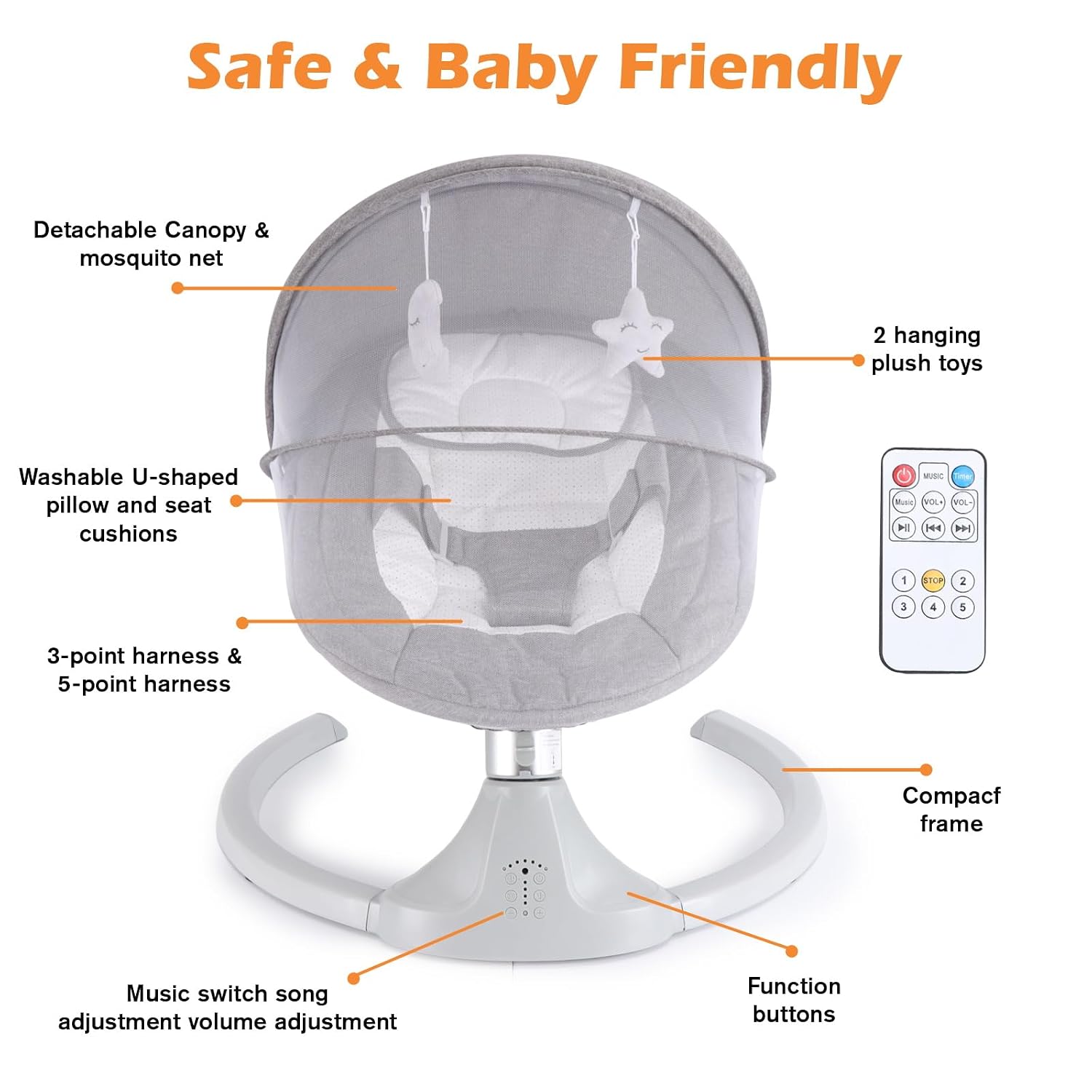 Baby Swing for Newborns 0-6 Months, Electric Infant Swing with Bluetooth & Remote Control, 5-Speed Portable Rocker