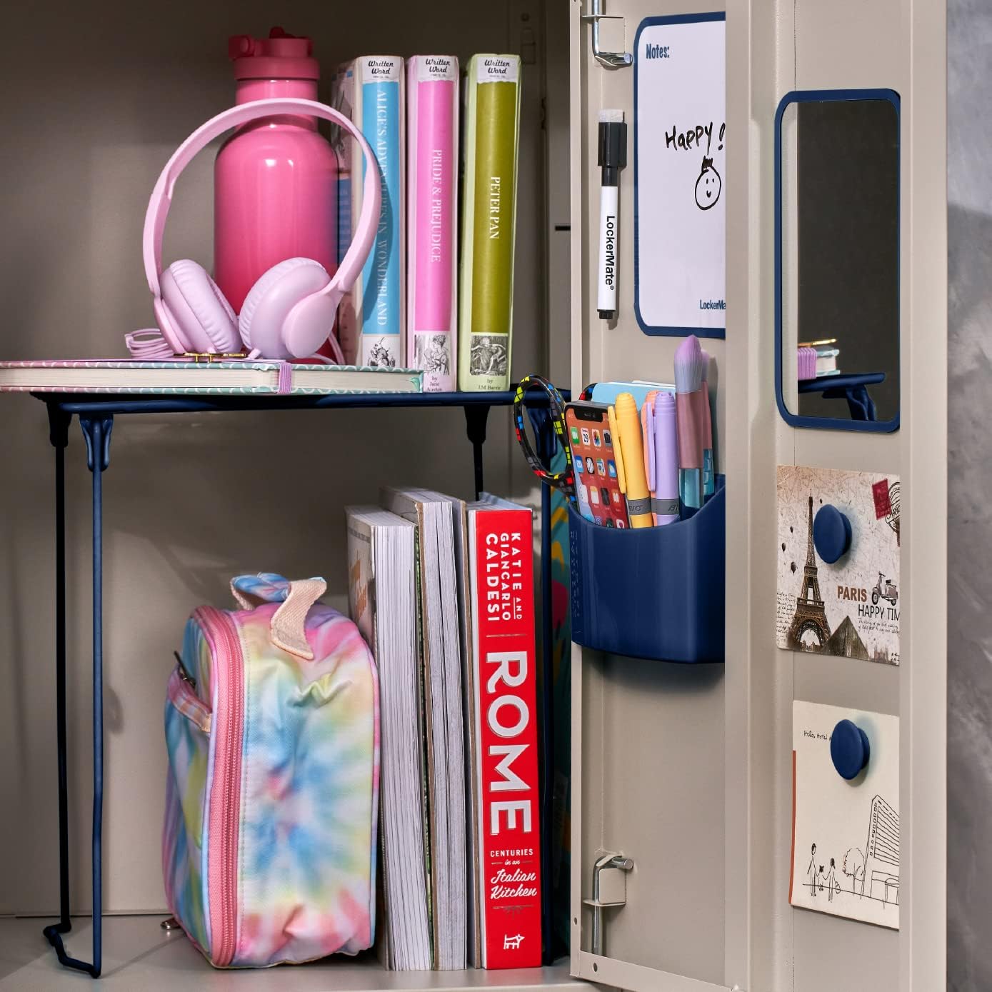 7-Piece Locker Organizer Kit, Includes Locker Shelf, Mirror, Whiteboard, Storage Cup & Dry Erase Marker, Blue