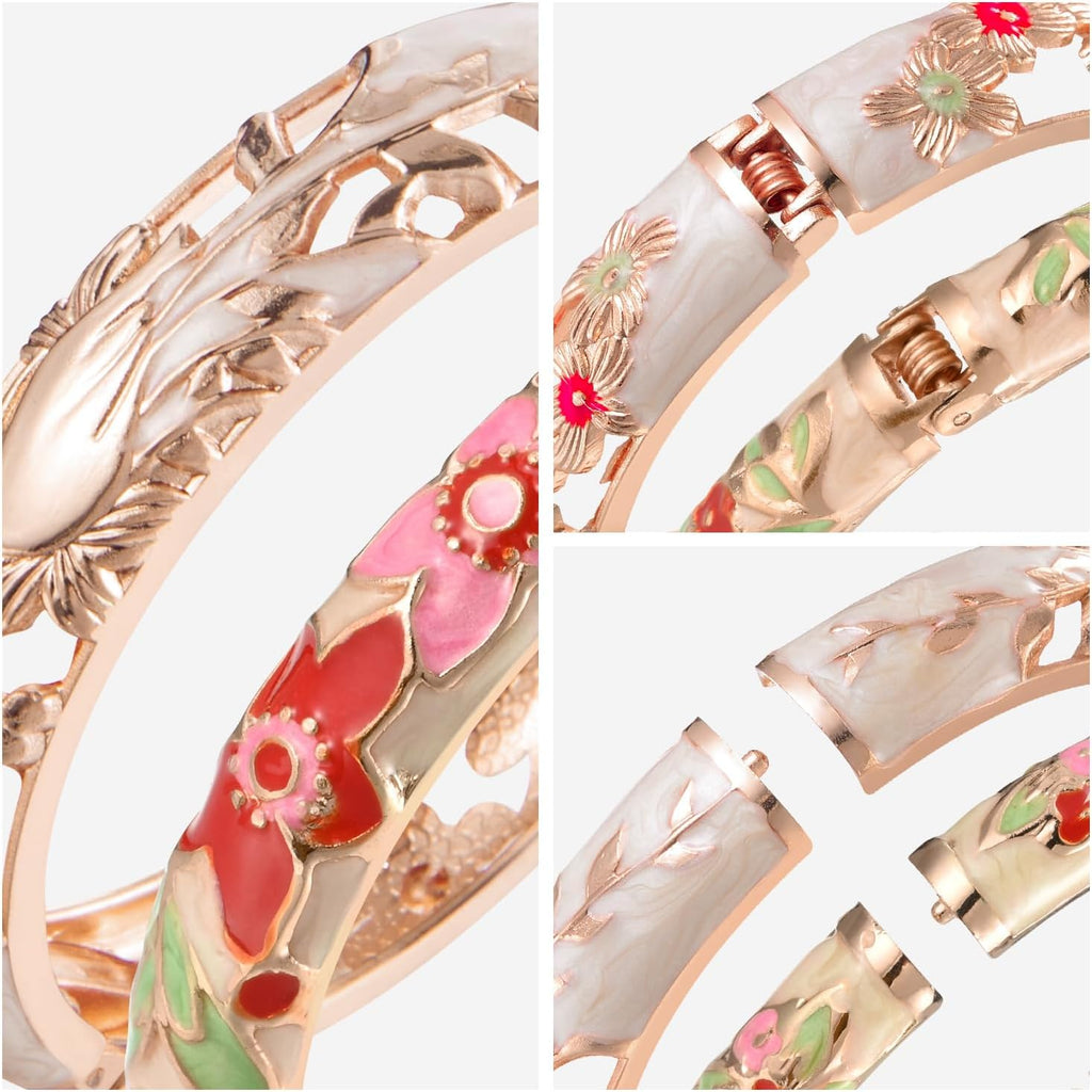 Vintage Cloisonne Jewelry Gorgeous Rhinestone Handcrafted Bracelets Enamel Flower Bird Hinged Cuff Bangles Gifts 88A