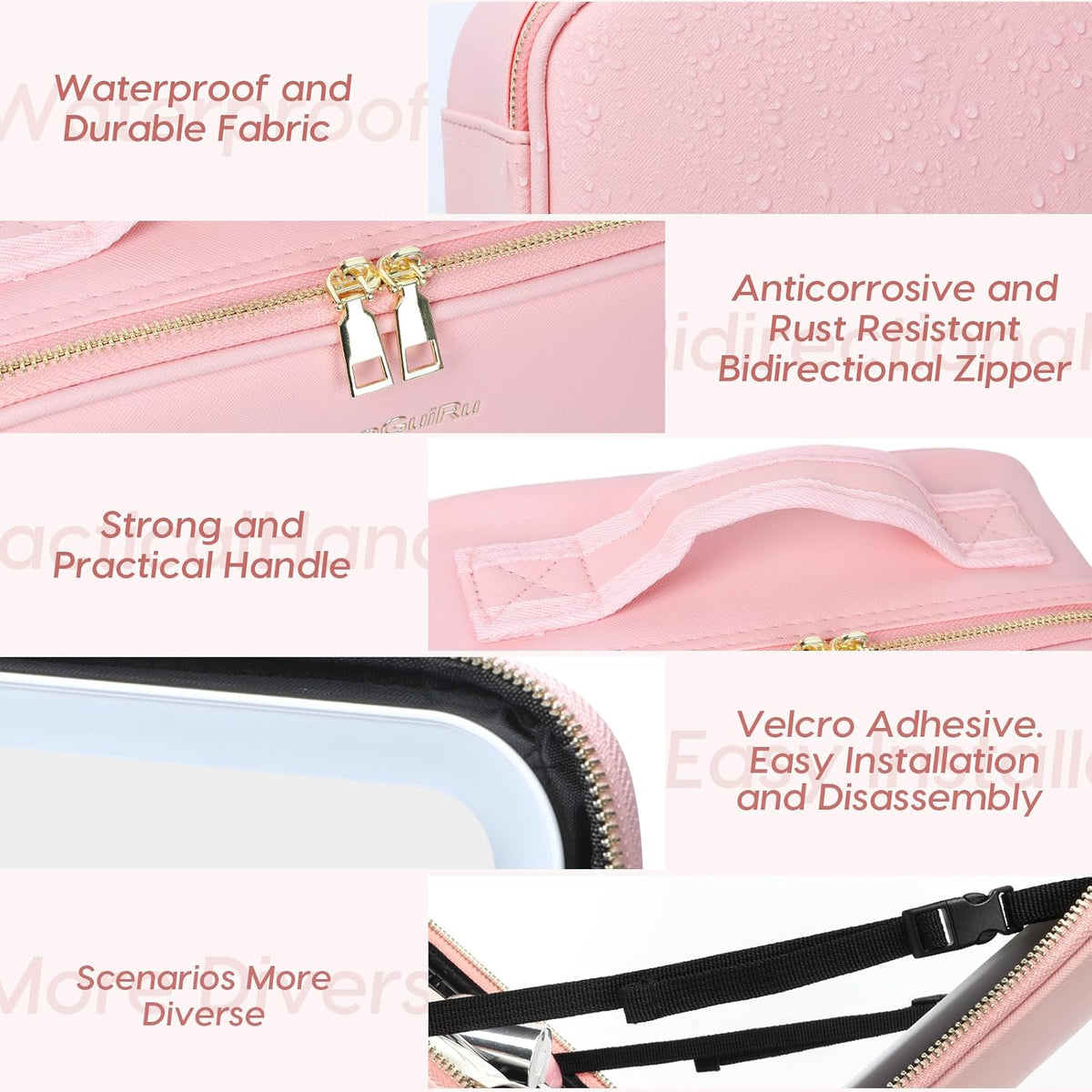 Makeup Bag with Mirror and Light, Cosmetic Travel Case with Mirror, Large Makeup Organizer with Mirror, Portable