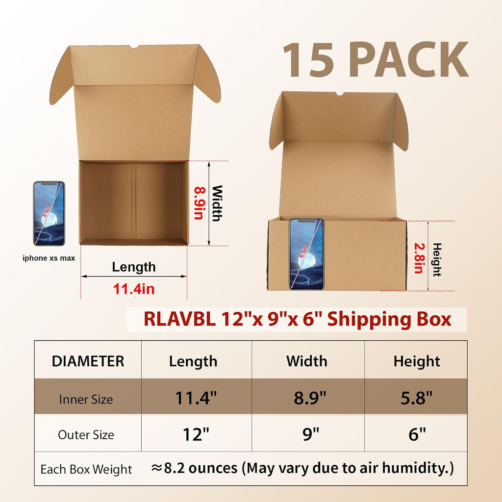 12x9x6 Shipping Boxes Set of 15, Brown Corrugated Cardboard Mailer Box for Packing, Mailing, Business