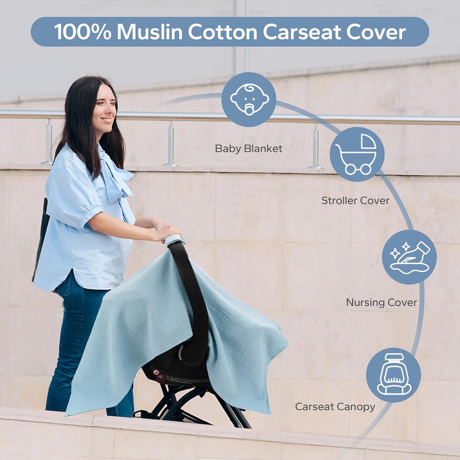 100% Muslin Cotton Car Seat Cover Baby, Universal Carseat Covers, Breathable Baby Car Seat Canopy for Boys Girls
