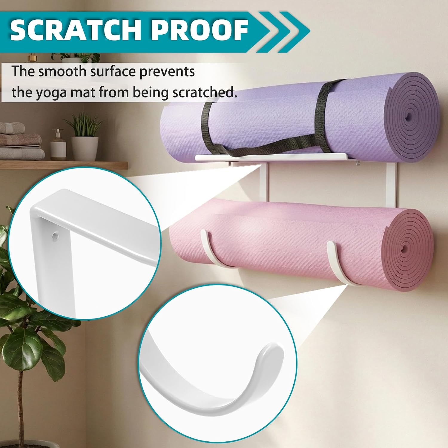 Yoga Mat Holder Wall Mount, No-Tie Mat Storage, Exercise Mat Storage Rack with Top Floating Shelf, Holding Yoga