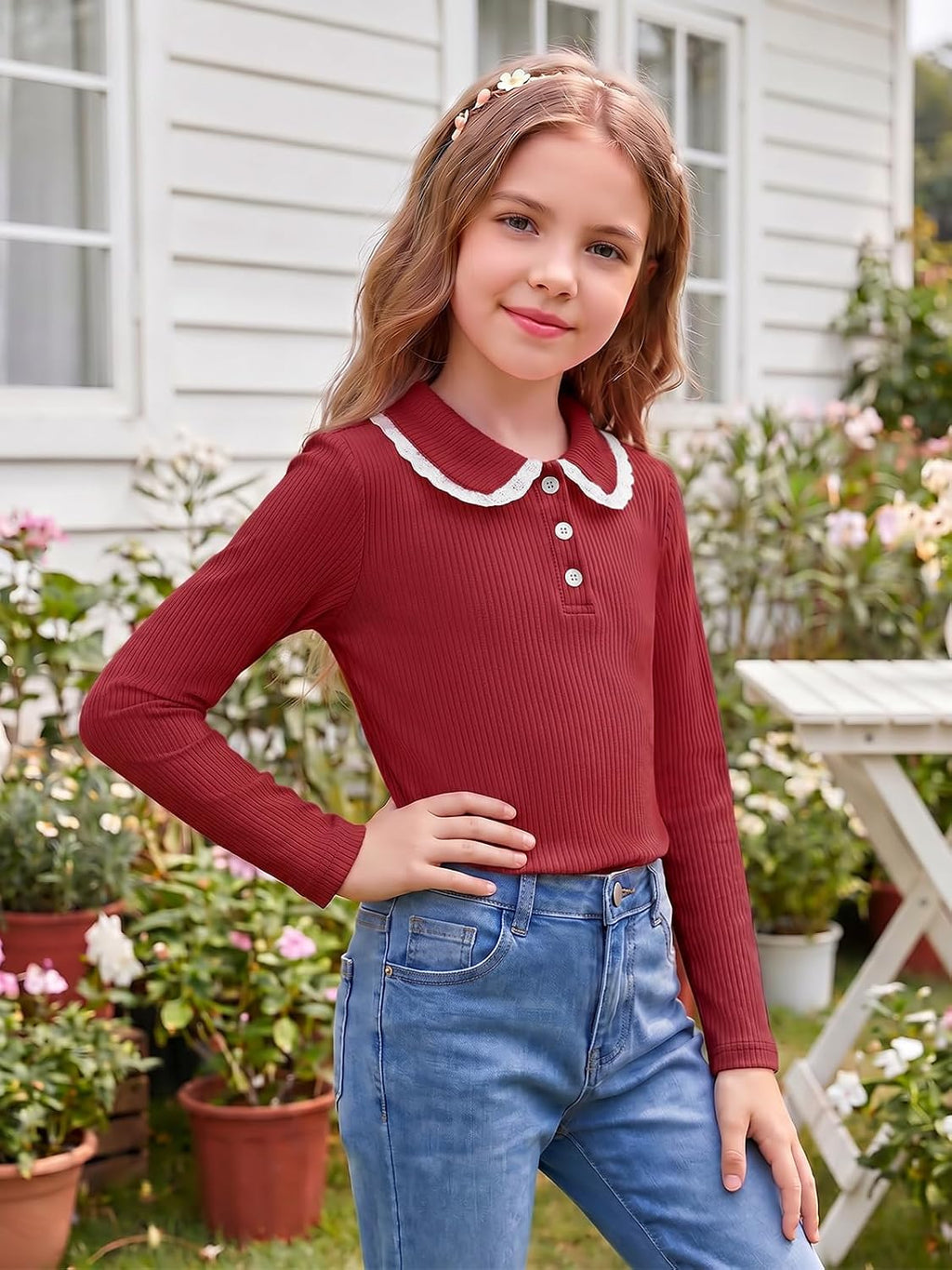 Girls Long Sleeve Polo Shirts Peter Pan Collar Knit Tops 5-14Y | Kids Ribbed Knit School Uniform Shirt, Cute Collared